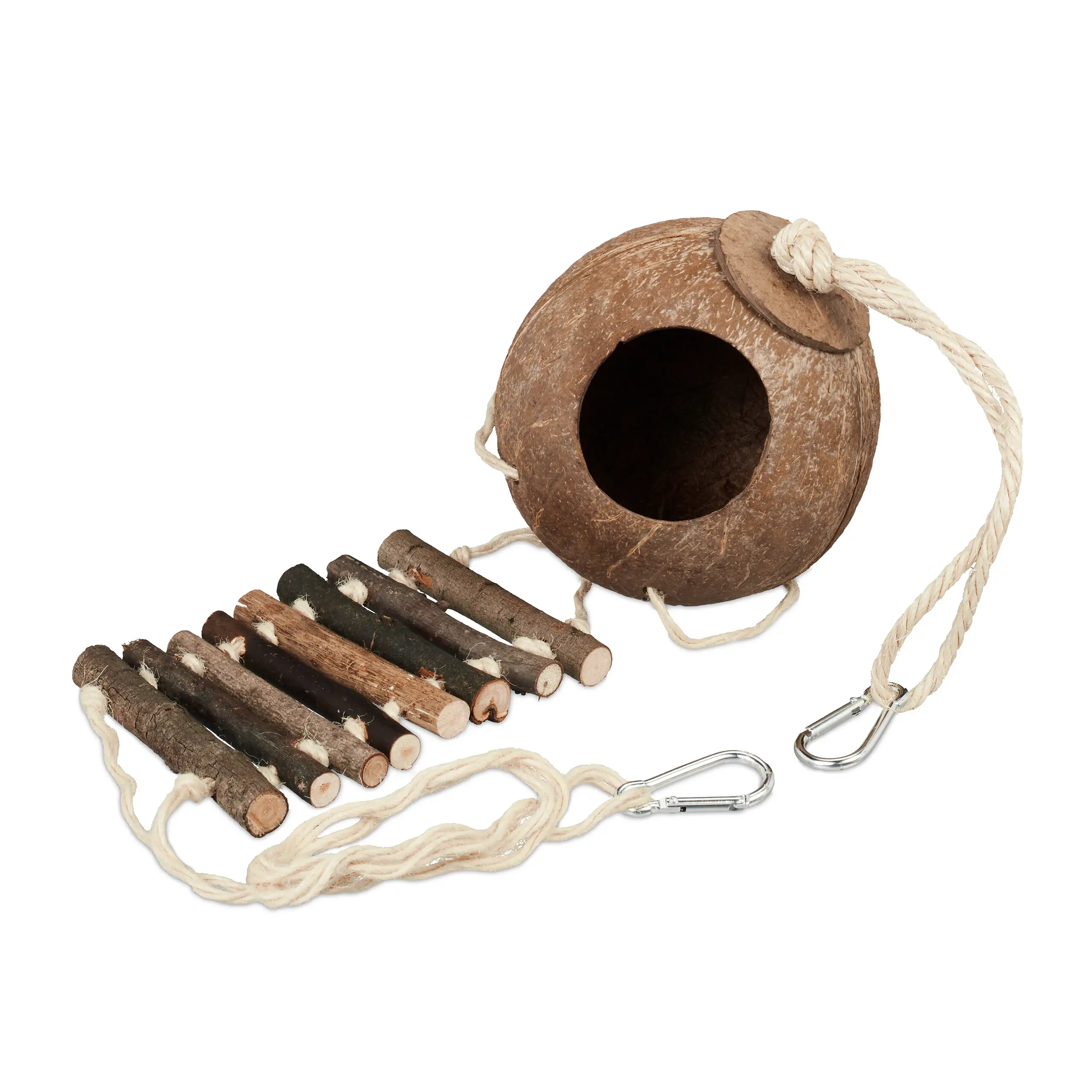 Vogelspielzeug Kokosnuss mit Holzleiter | Vogeltränken