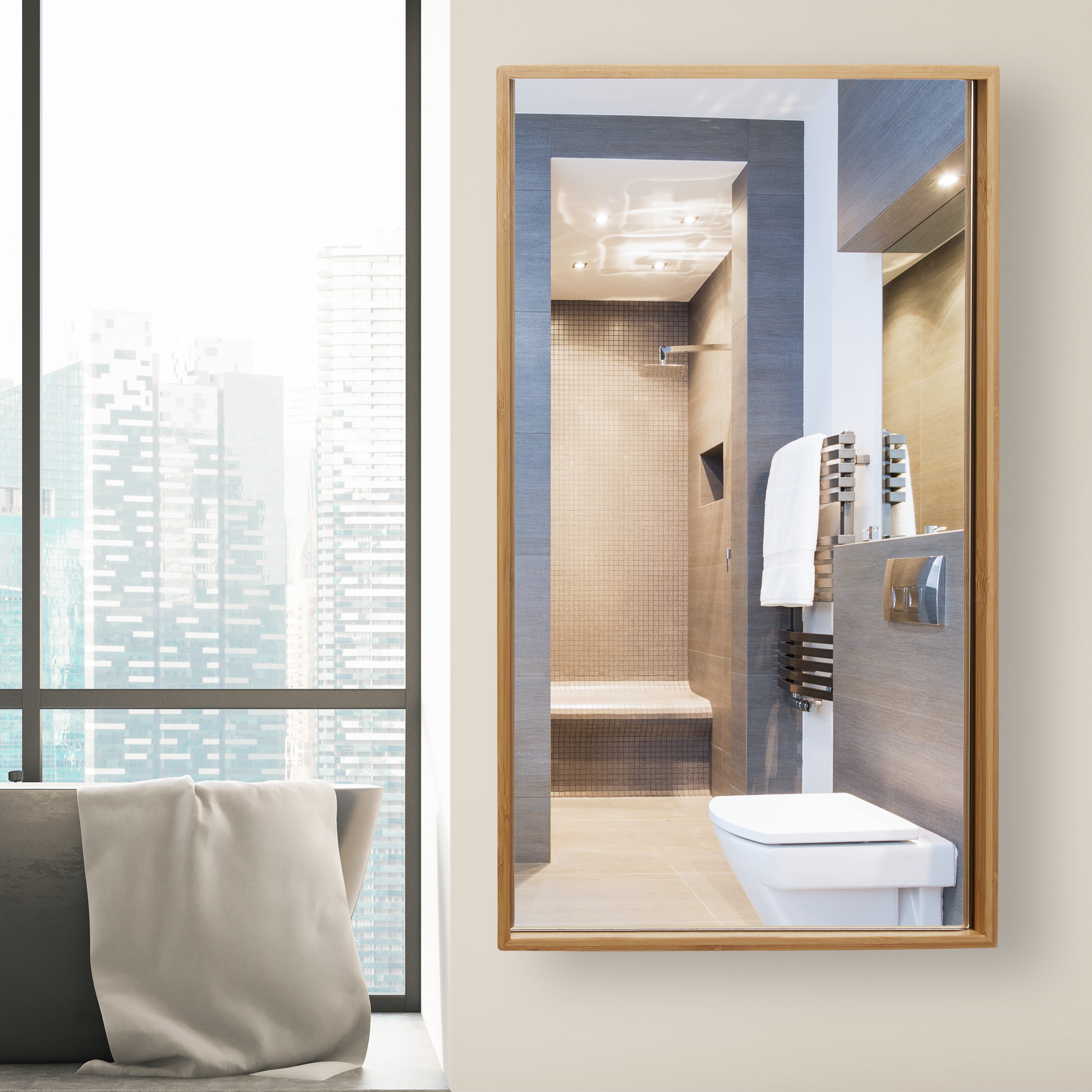 Armoire Salle De Bain Avec Miroir En Bambou – 2 Portes, 2 étagères Réglables, Design Mural (65x14x50,5 Cm) - 10