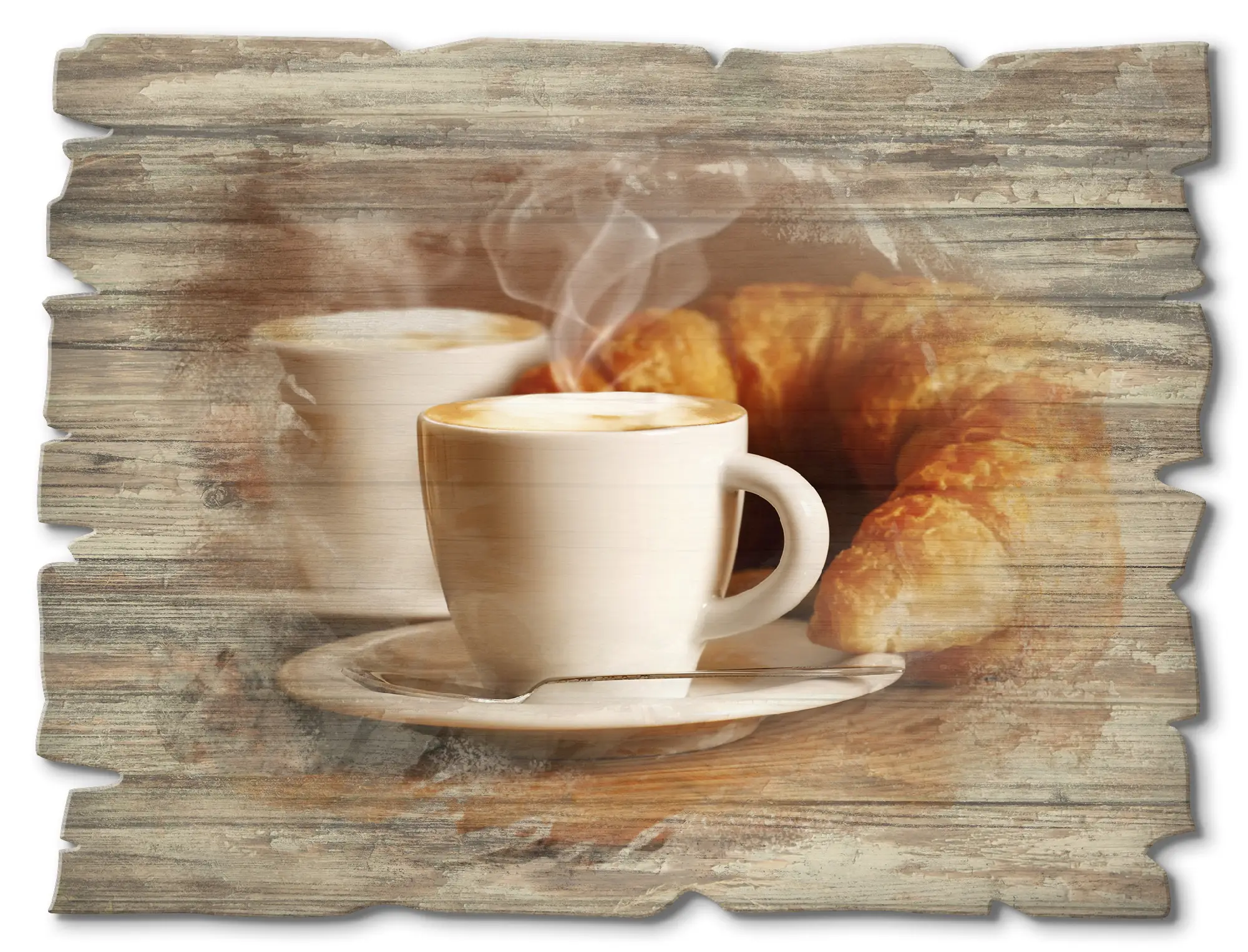 Holzbild Cappuccino und Croissant