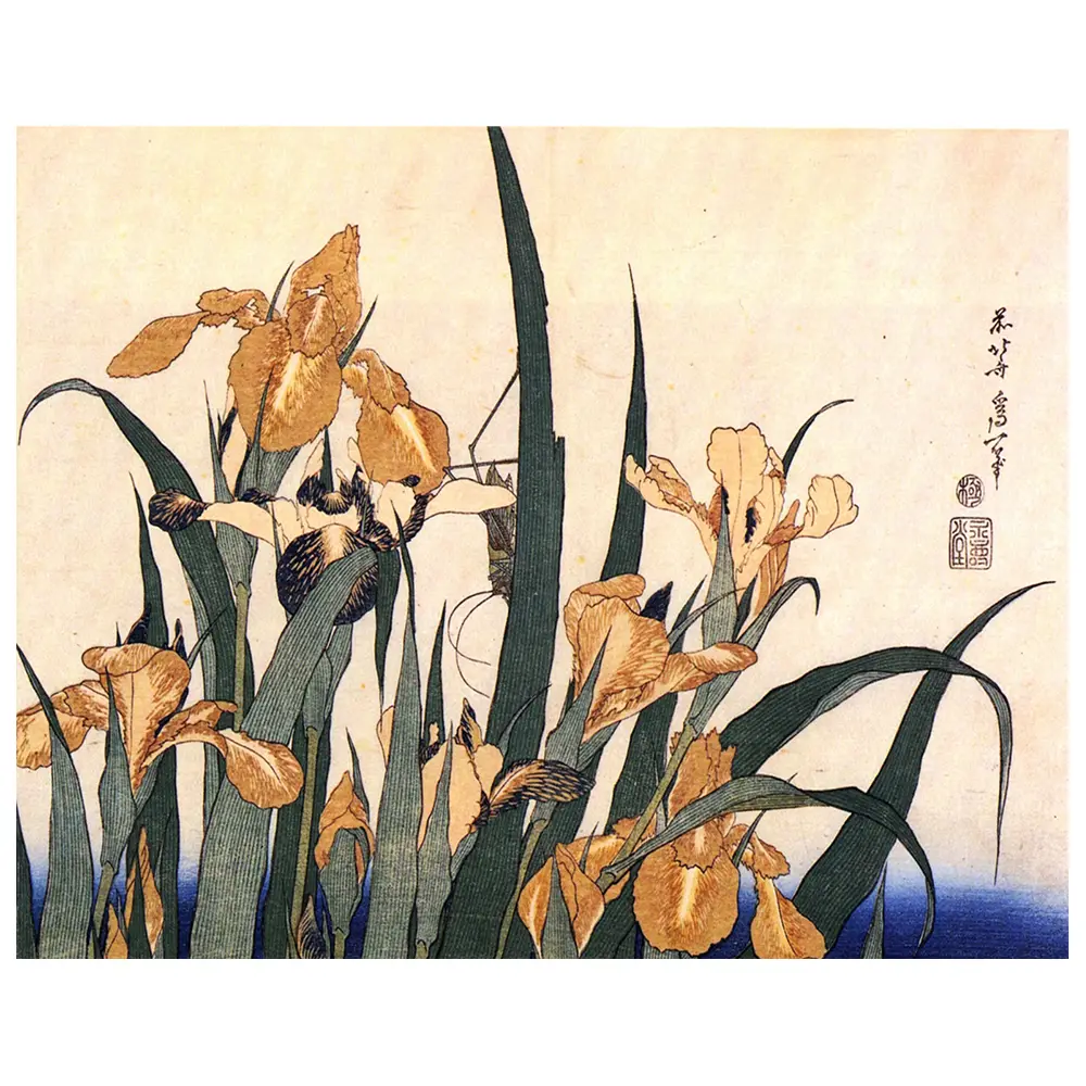 Leinwandbild Iris Blumen und Heuschrecke