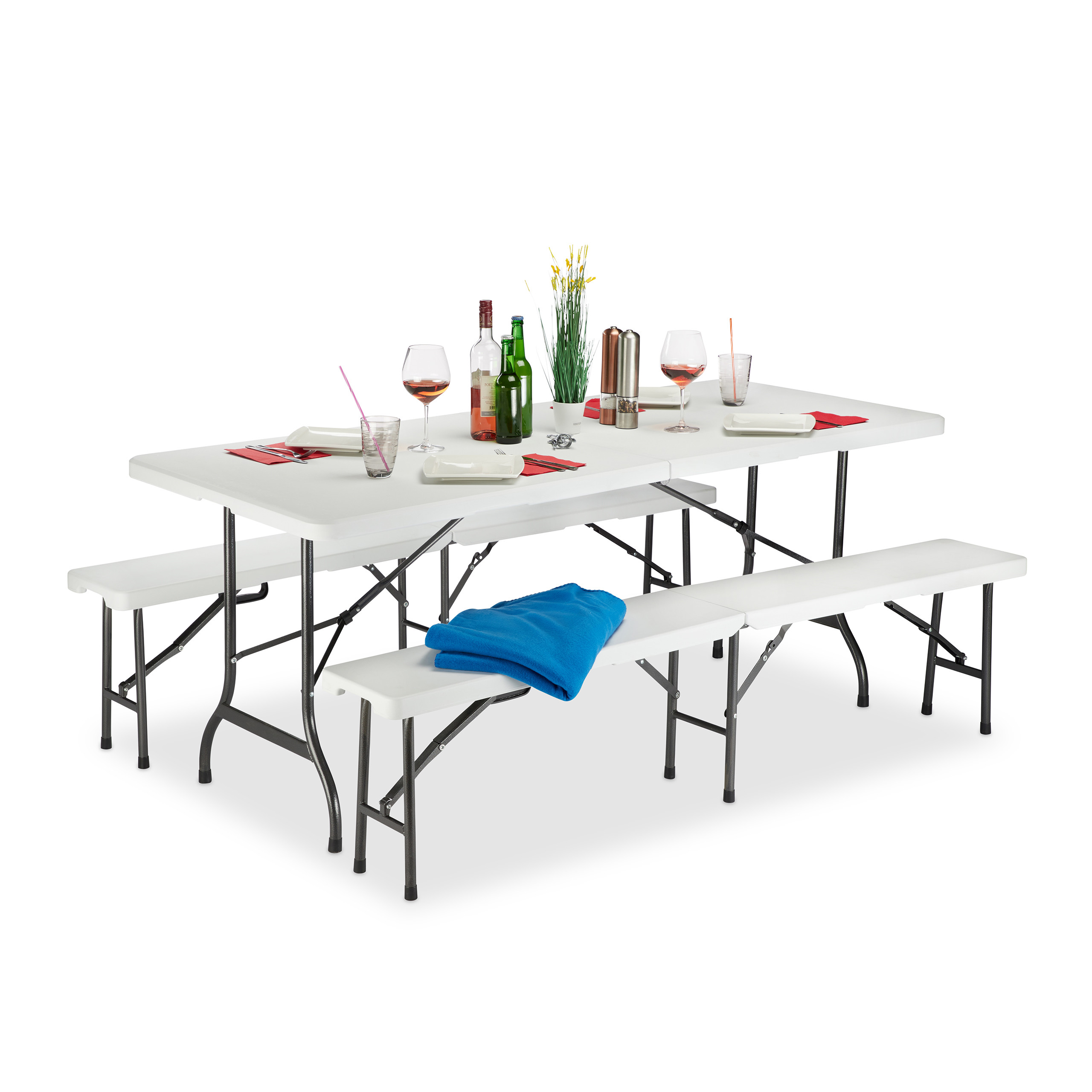 Camping-Garnitur Klappbar – 3-teilig, Weiß, Tisch 180x74 Cm, Bänke 180x30 Cm, Belastbarkeit Bis 400 Kg Camping Sitzgruppe Klappbar