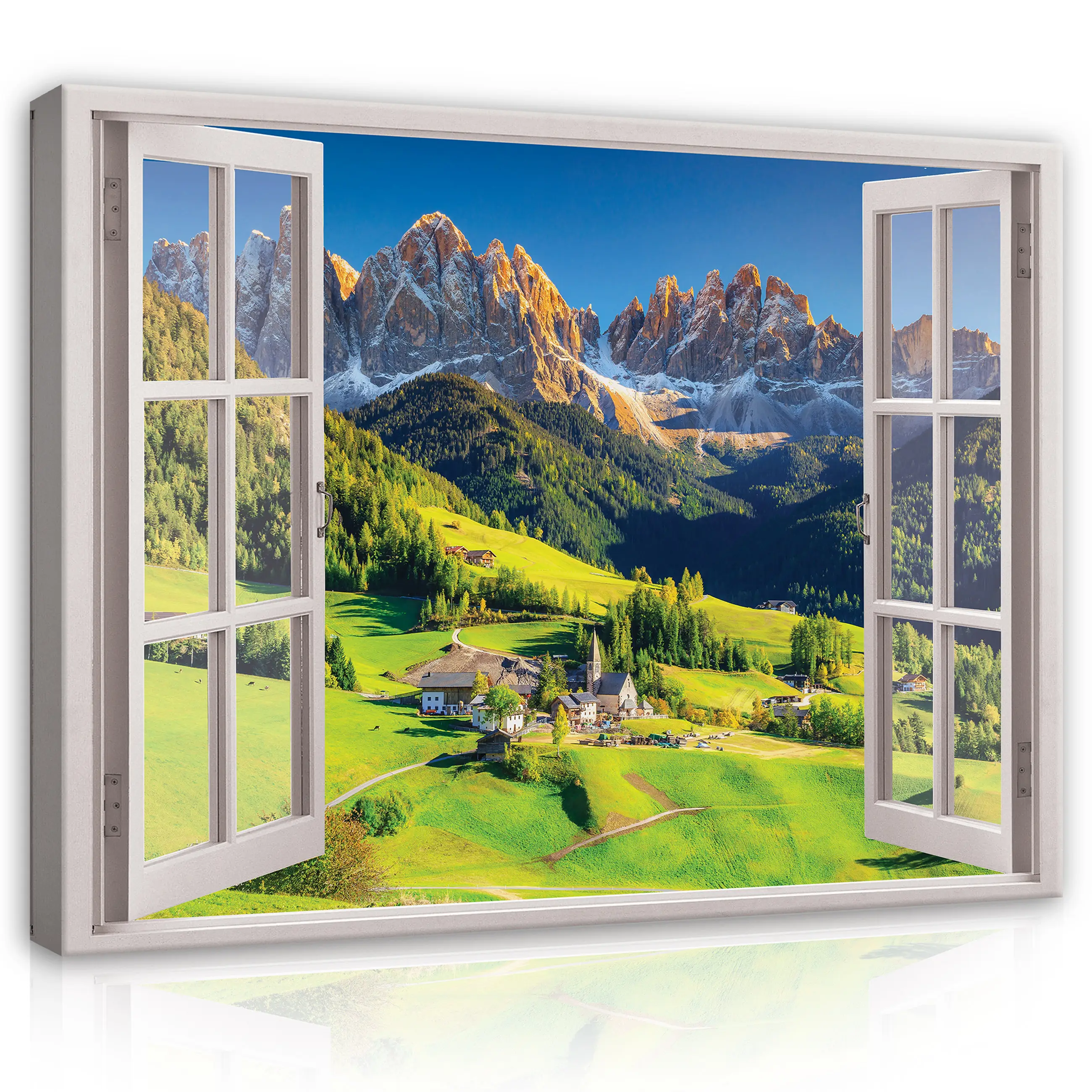 Leinwandbild Fenster Wohnzimmer Berge