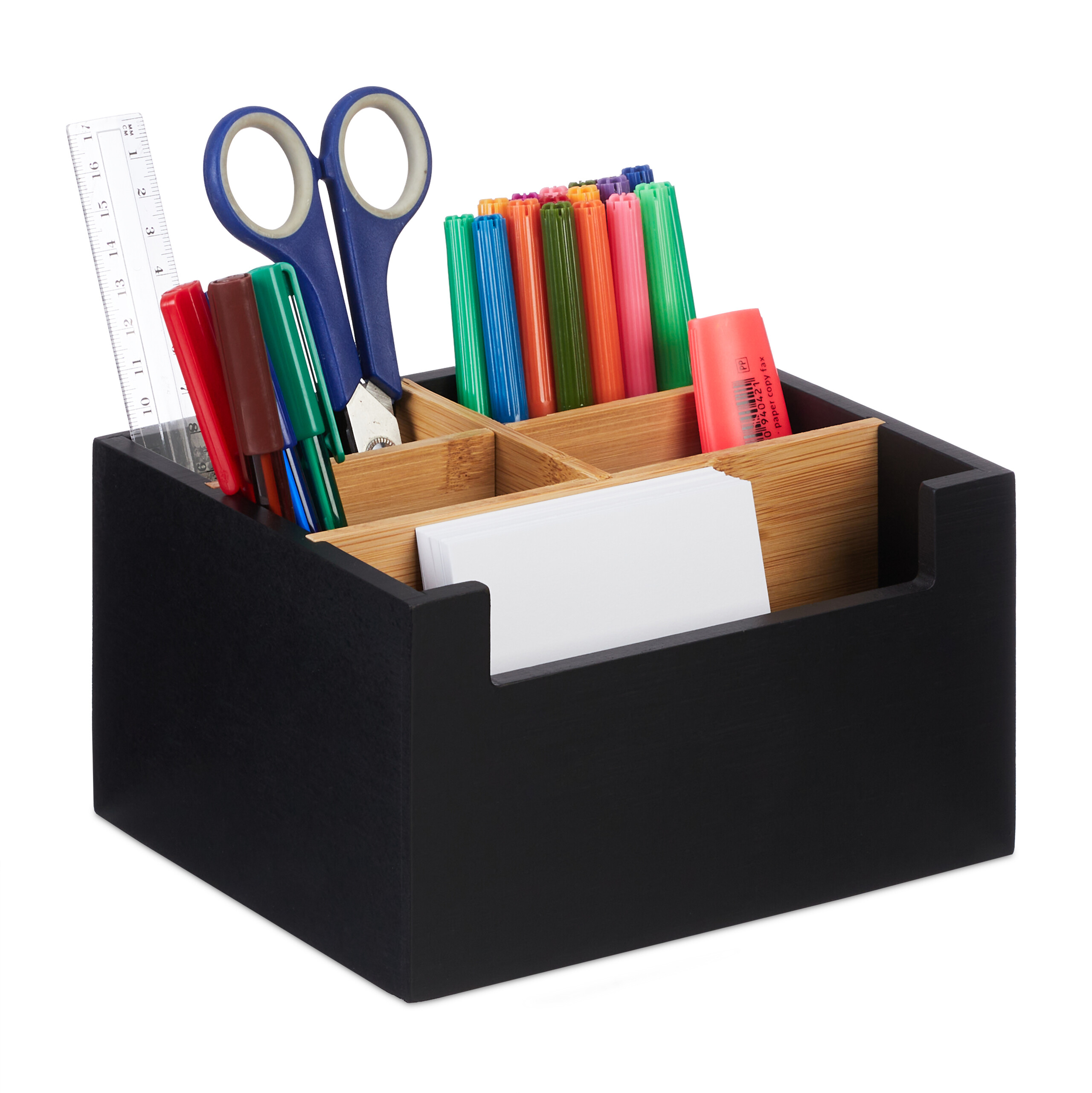 OctBird Schreibtisch-Organizer Aus Bambus & PP – 5 Fächer, Stiftehalter, Handyablage, Make-up-Box, Schwarz (18