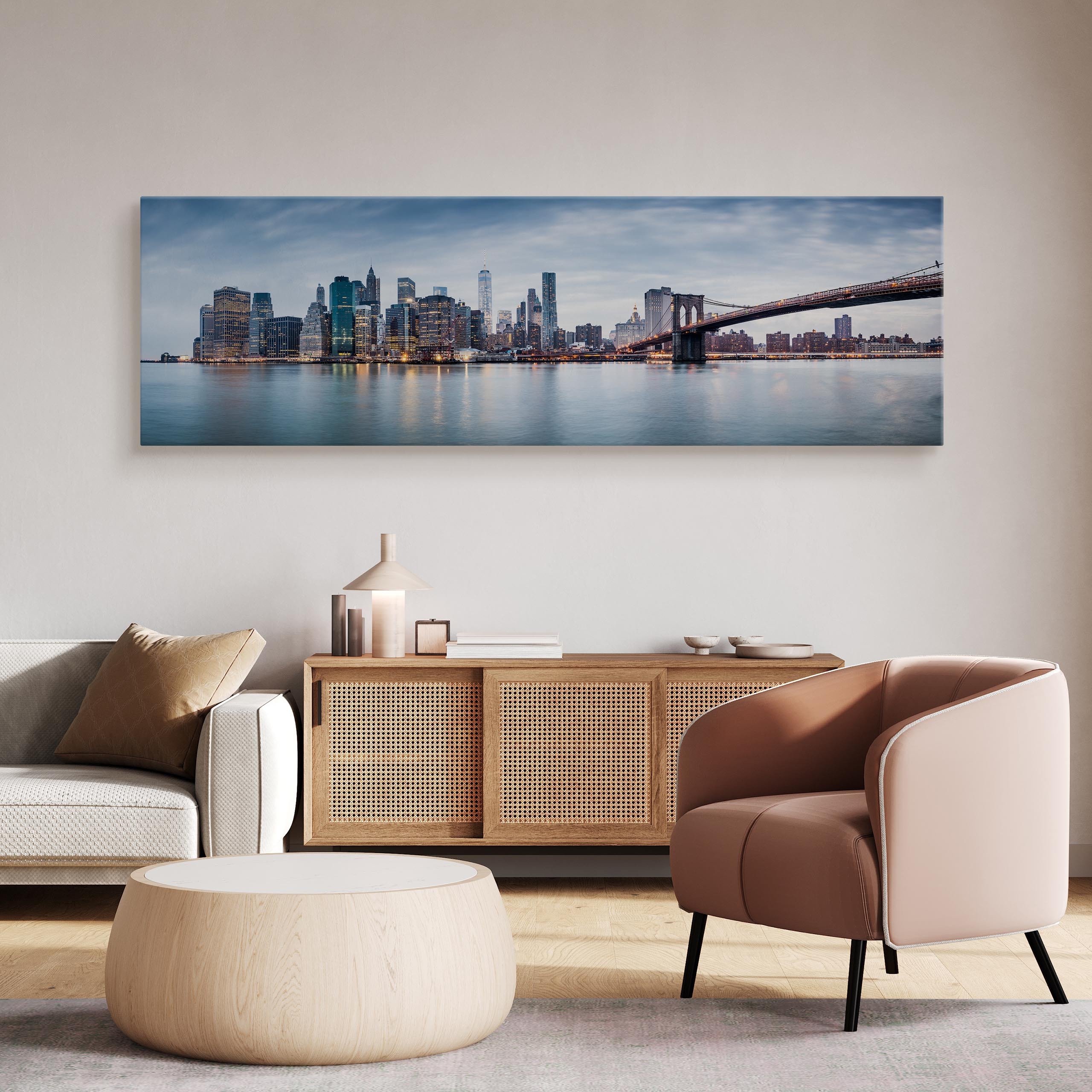 Tableau Décoratif Ville Manhattan New York 150x50 Cm - Impression Toile Panneau Gratte-Ciel Nuit