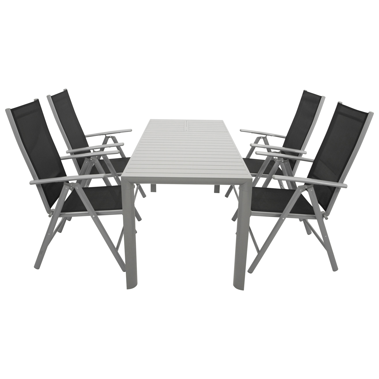 DEGAMO Gartengarnitur Madeira 5-teilig – 4 Stapelsessel Anthrazit + Runder Tisch 130 Cm Mit Akazienholzplatte, Outdoor