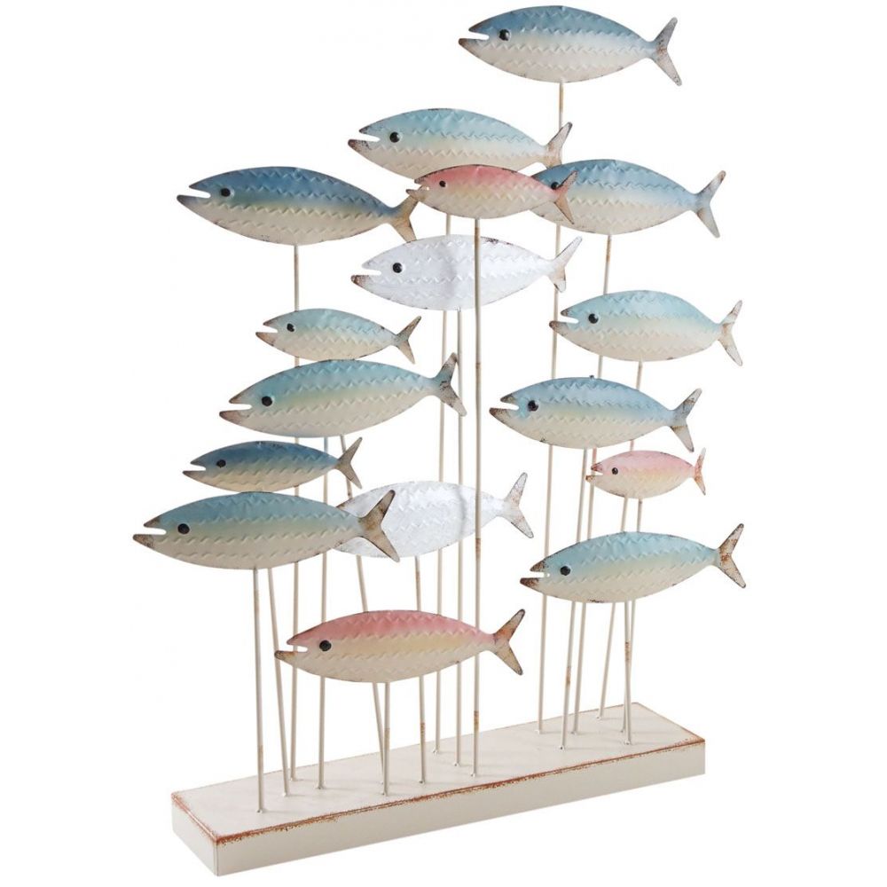 Sculpture POISSONS, banc de poissons en métal et bois.