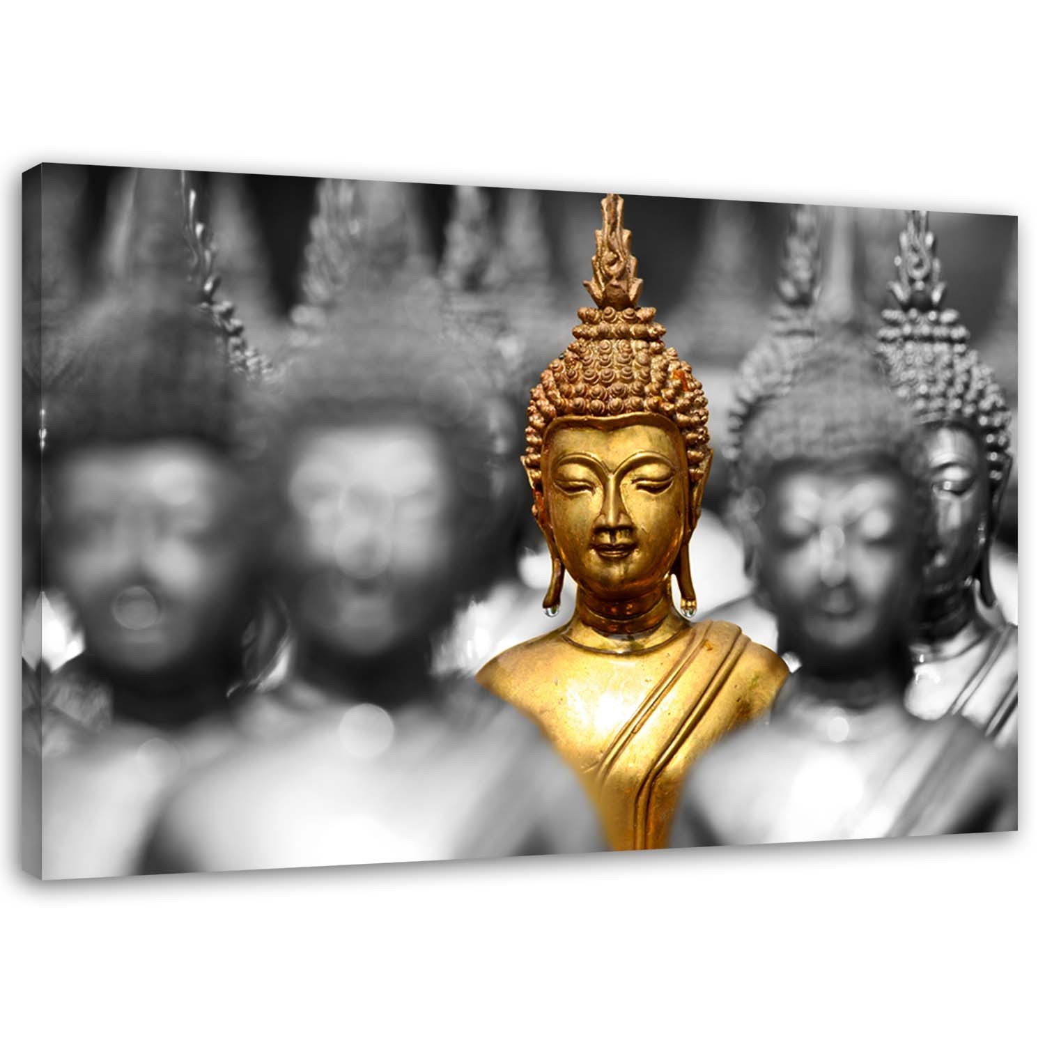 Buddha Kopf Leinwandbild 50x50cm | Gold Druck Wandkunst Rahmenlos | Wohnzimmer Deko Spiritualität