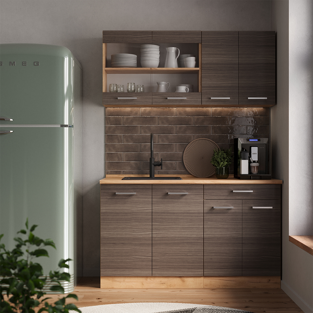 Cuisine Intégrée R-Line Vicco 300cm - Chêne Blanc, Réfrigérateur Inclus (neuf)