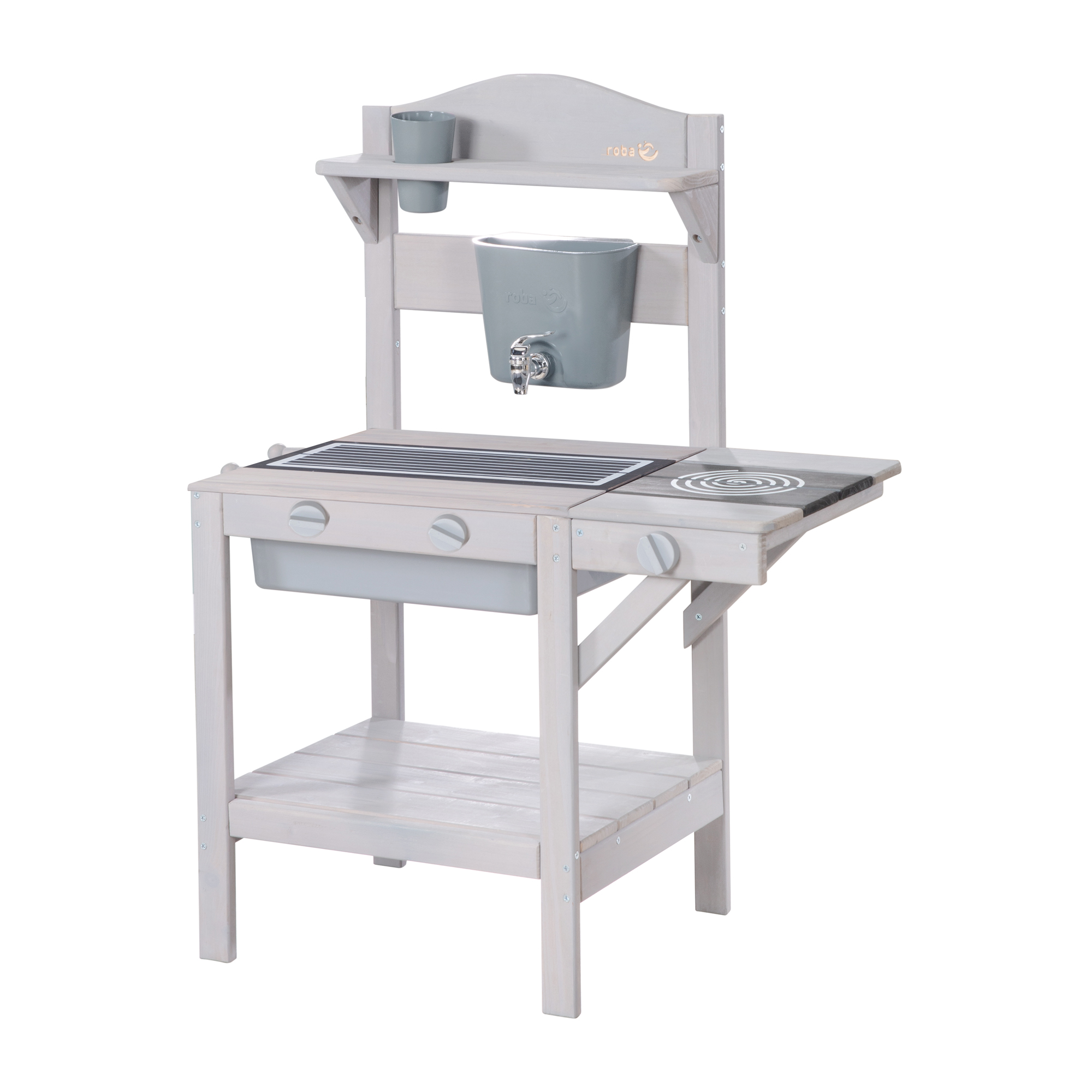 Cuisine Extérieure En Bois Massif Pour Enfants – Format Maison – 18 Mois à 8 Ans – Gris Clair – Avec Évier Et Accessoires