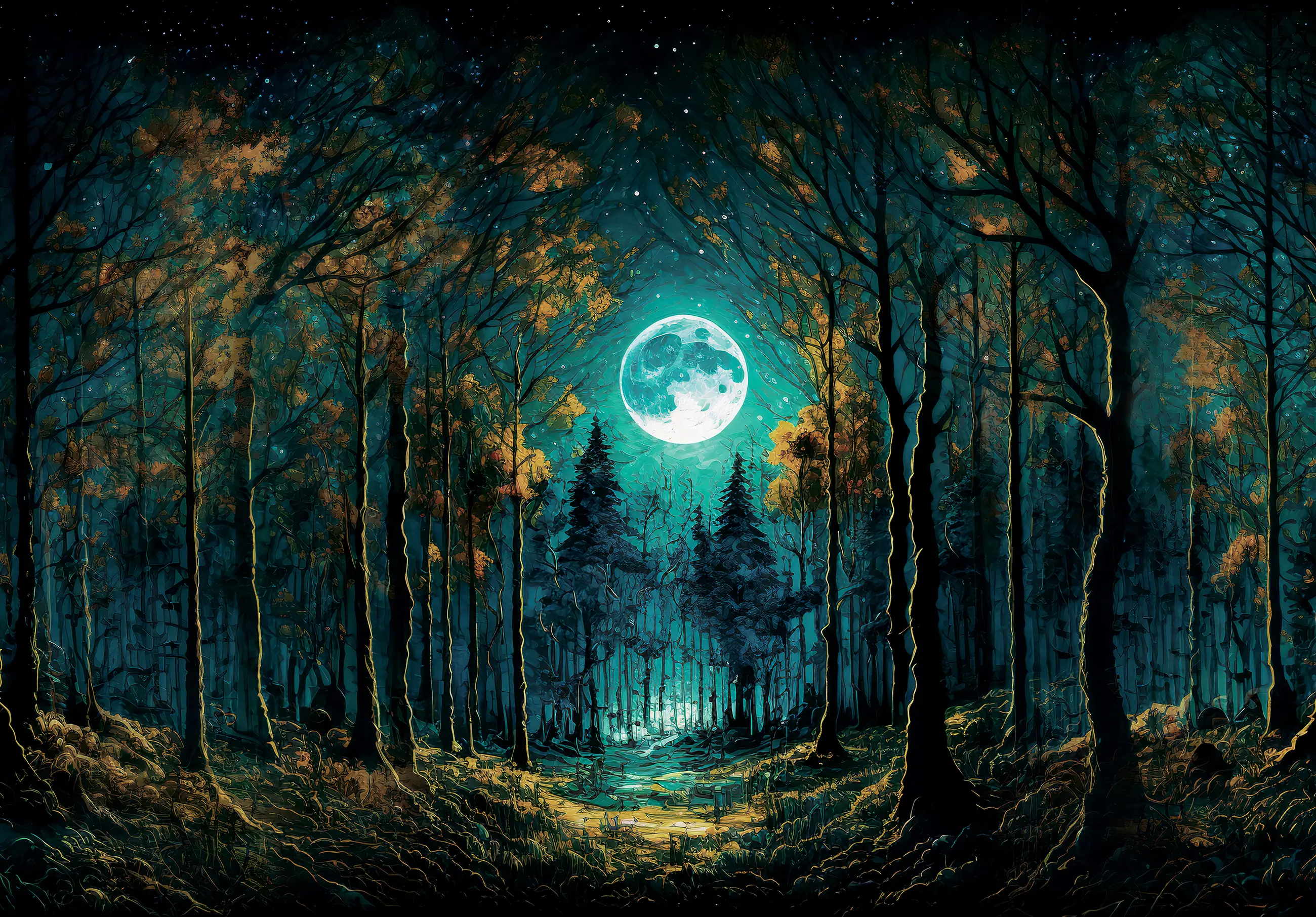 Dunkler Wald Vlies Mond Fototapete