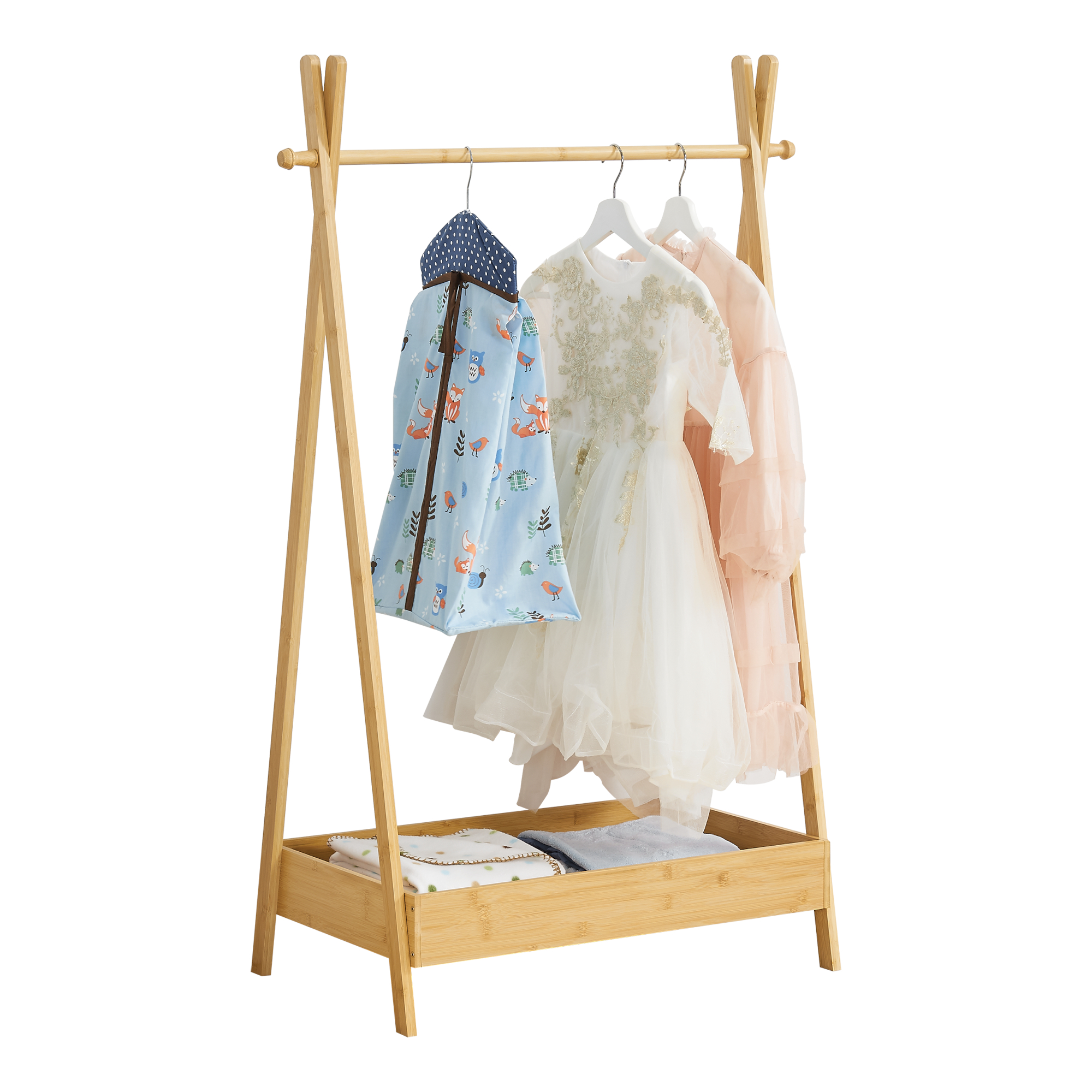 Porte-vêtements Enfant Bambou Double Poteau Blanc - Rangement Costumes Et Accessoires