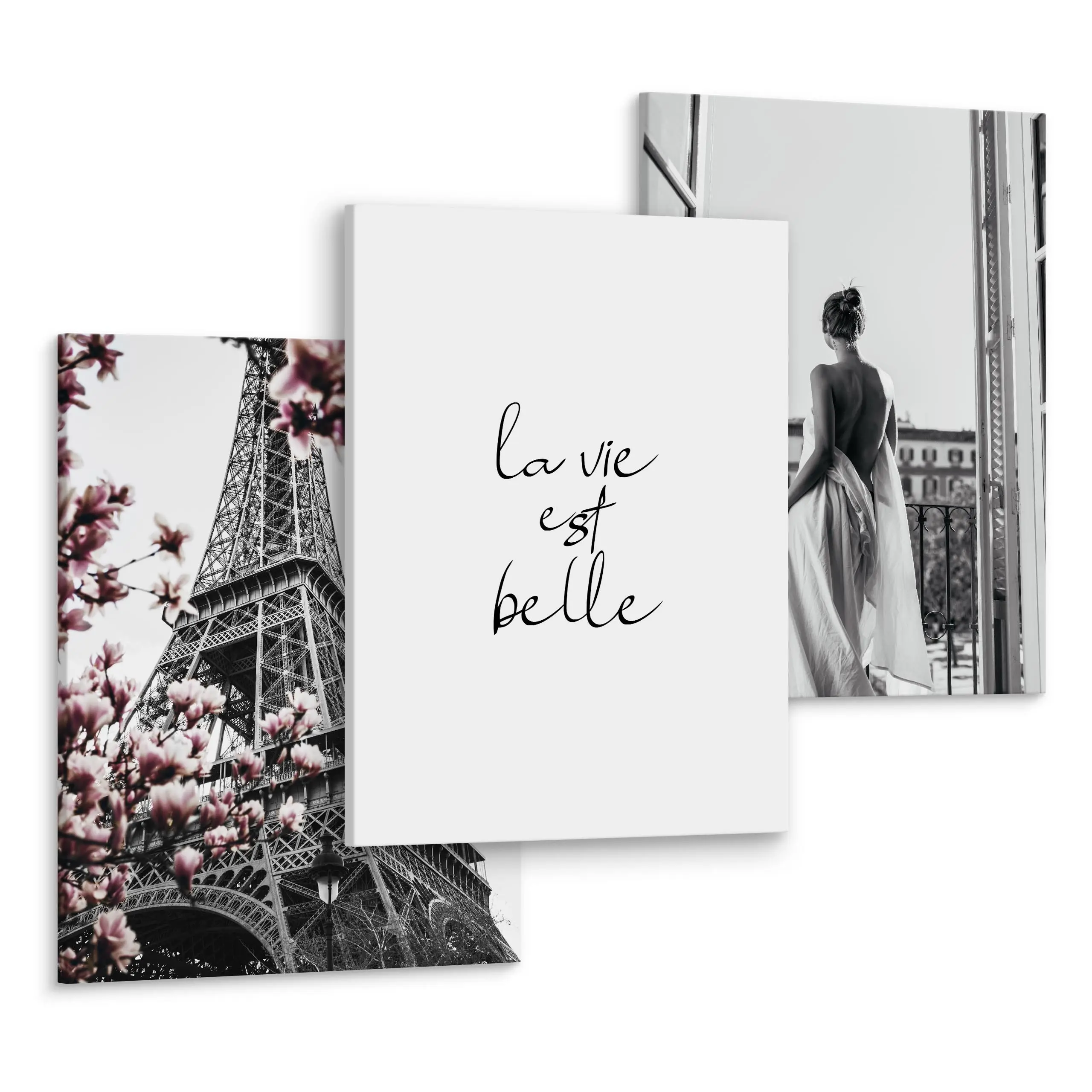 Leinwandbilder Set Eiffelturm Frau Zitat