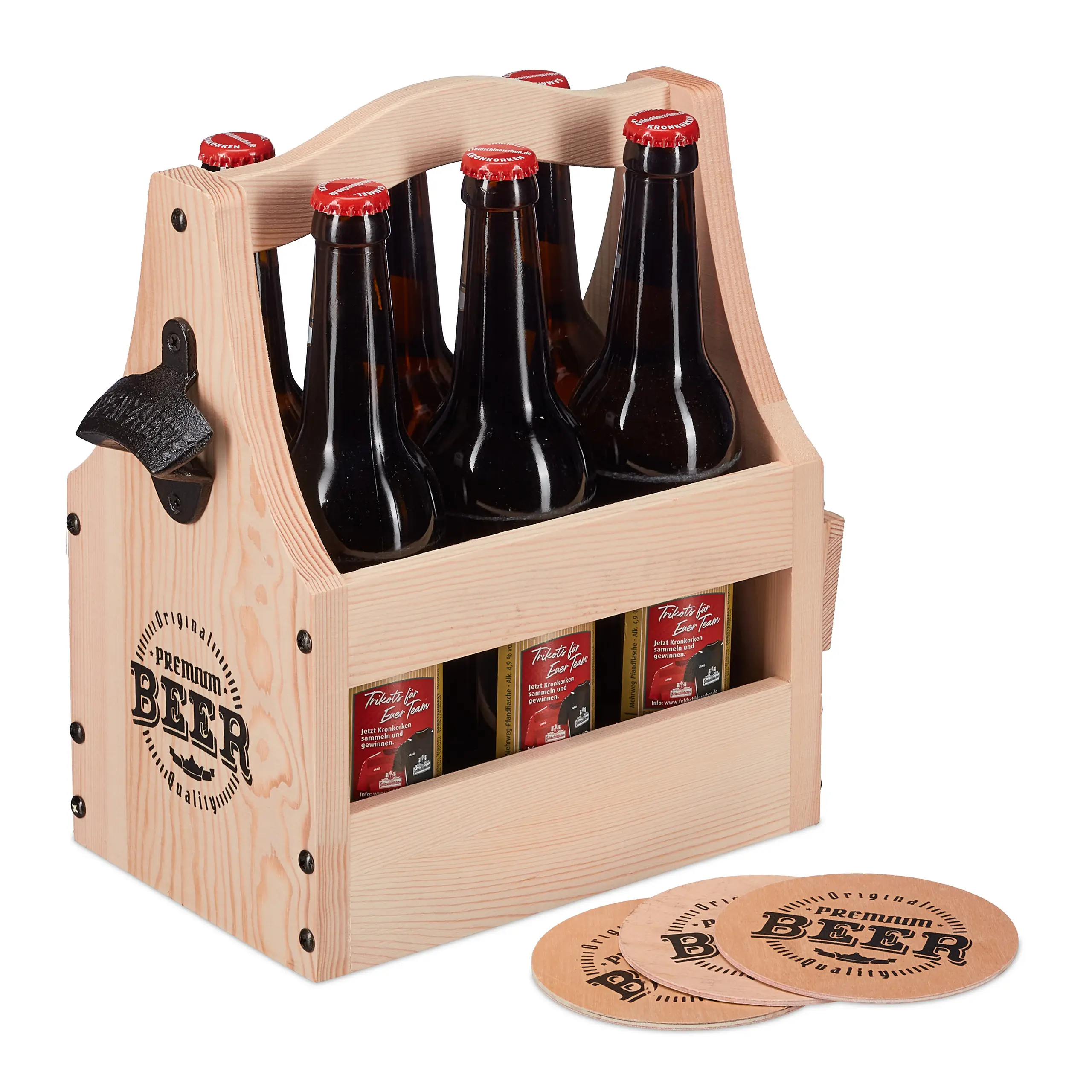 Biertr盲ger aus Holz mit Flaschen枚ffner