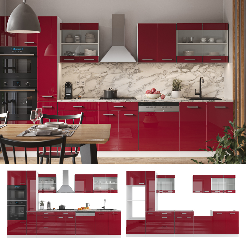Vicco Elément de cuisine complet R- Line, Béton/ Wit, 300 cm avec meuble haut, sans