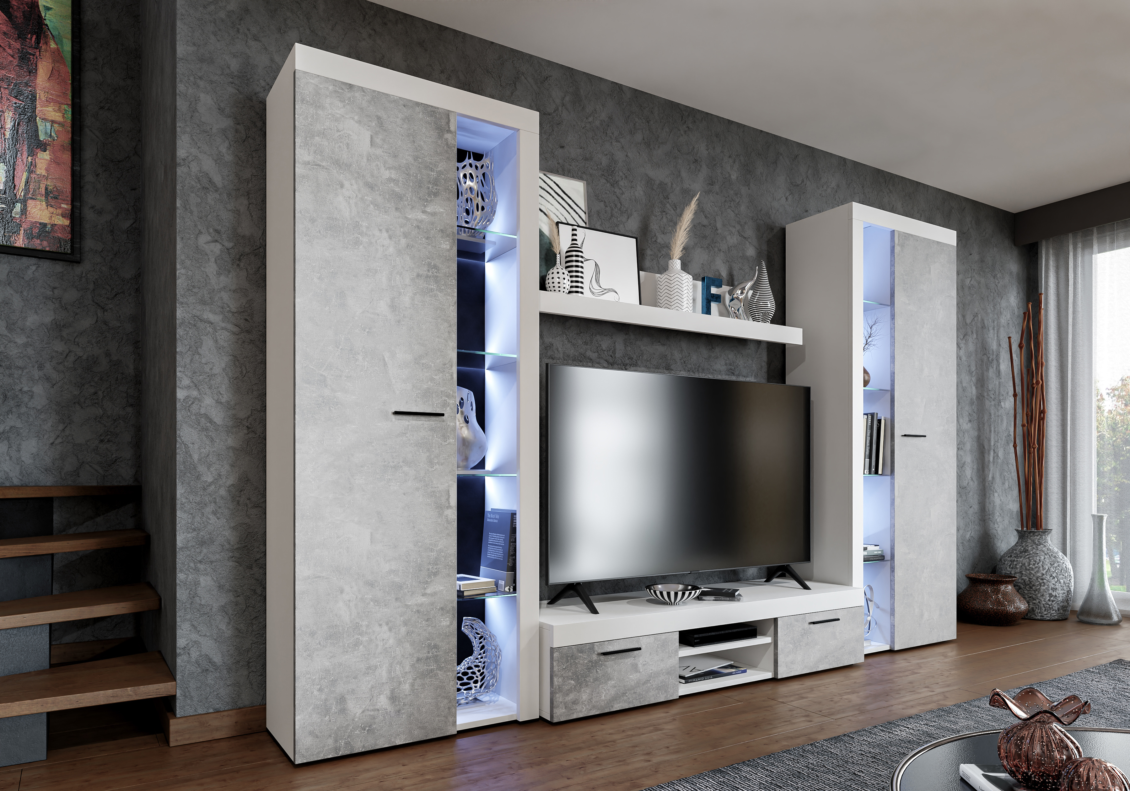 rivay xl wohnwand 300 weiß-beton mit led kaufen | home24