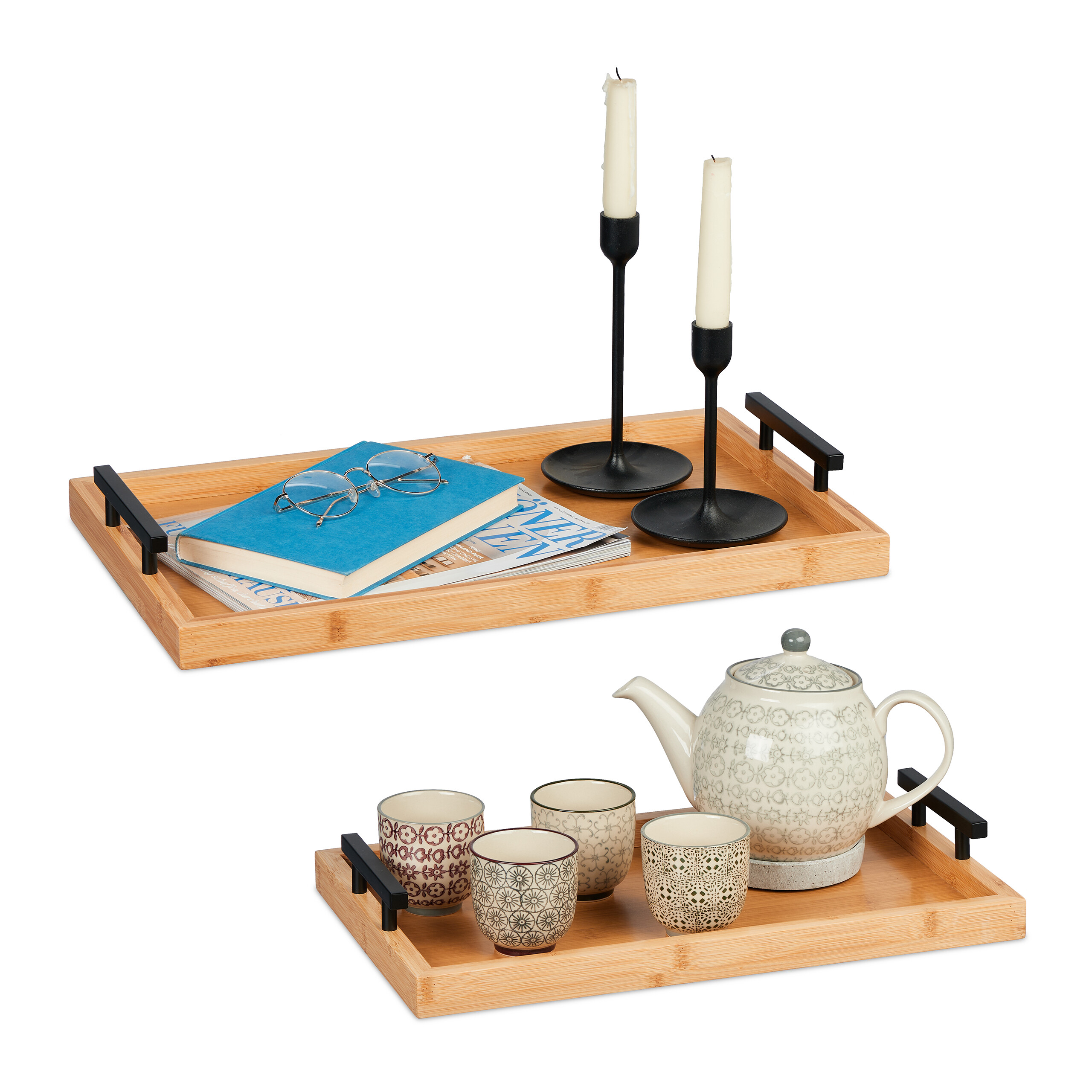 Lot De 2 Plateaux De Service En Bambou – Plateau Petit Déjeuner, Repas – Poignées Et Bords Surélevés – 45 X 42 Cm - 11
