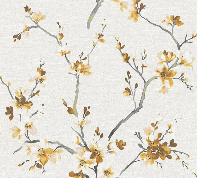 Blumenranke Wei脽 Gelb Tapete Grau