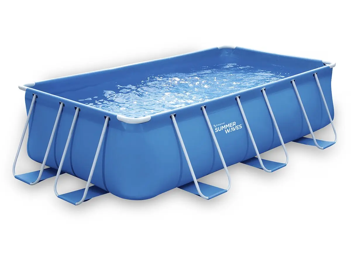 Blauer Metallrahmen - L mit Swimmingpool