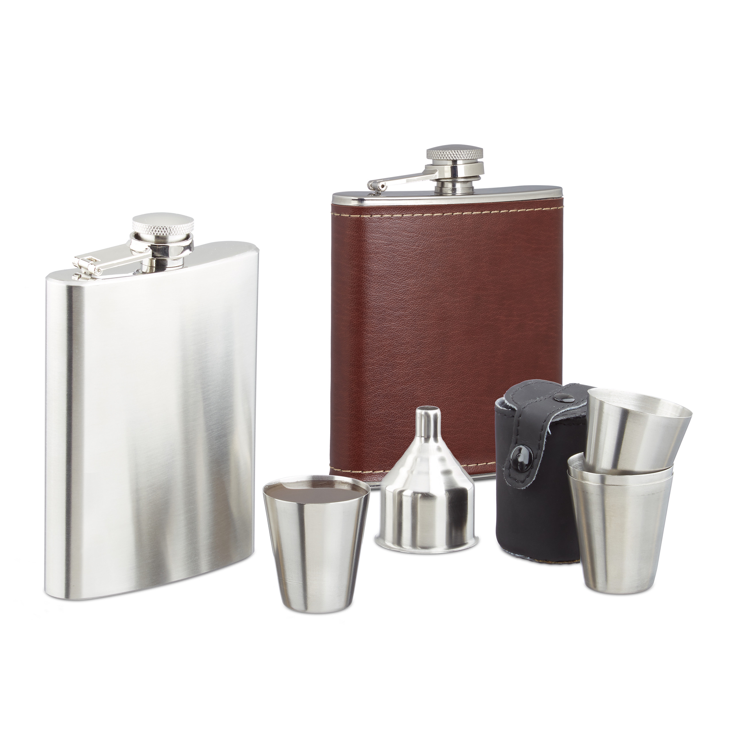 Set Flasque à Whisky Métal Aspect Cuir – 7 Oz (207 Ml) Avec 2 Gobelets Et Entonnoir