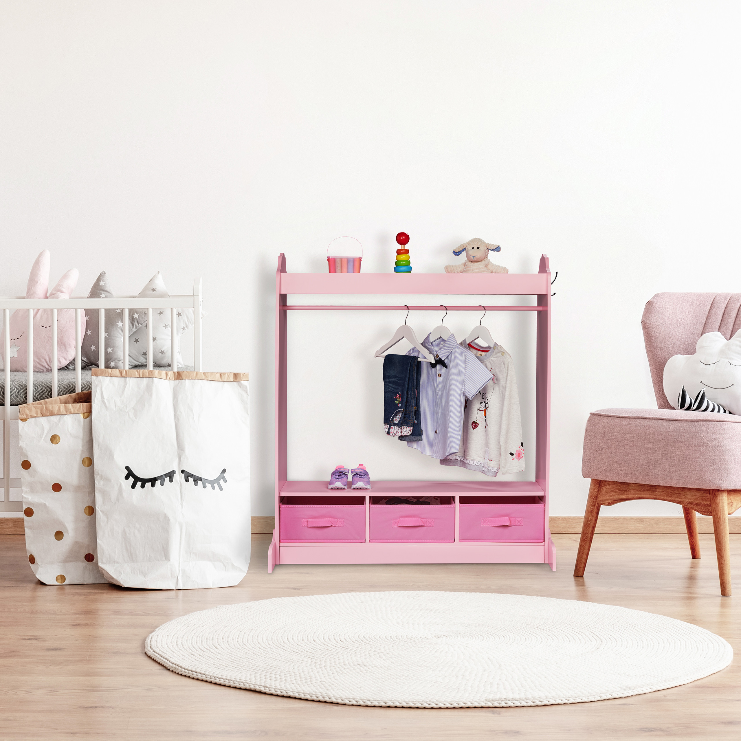 Relaxdays kledingrek kinderen, garderobe kinderkamer, 4 haken, 2 planken, HBD: 100,5 x 71 x 30 cm, kapstok, gekleurd