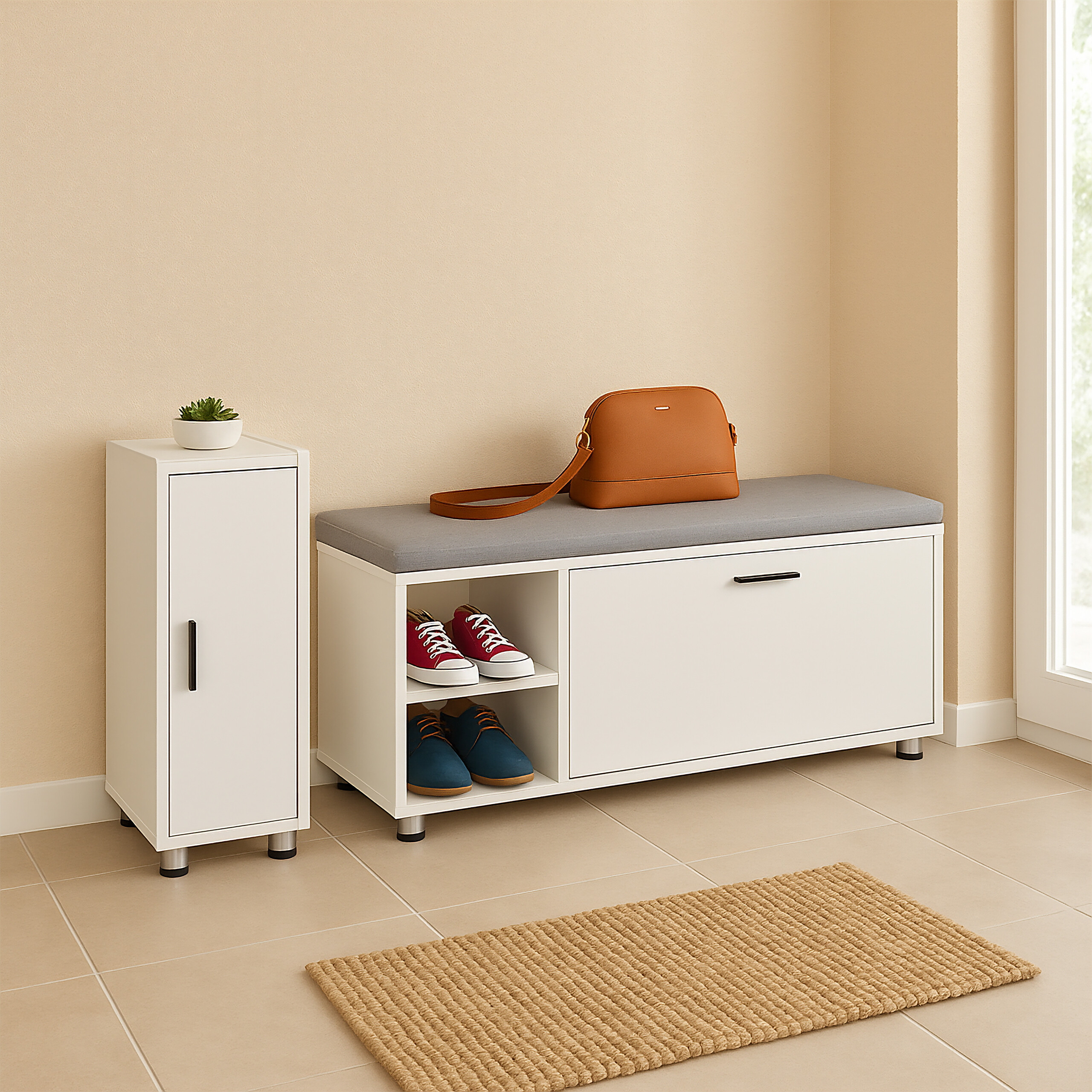 Schoenopslagbank, halopslagbank met kast en plank, moderne schoenenrekbankorganizer met PU-gewatteerd zitkussen voor hal, hal, slaapkamer, 80/100 x 30 x 49 cm, grijs, 100 cm