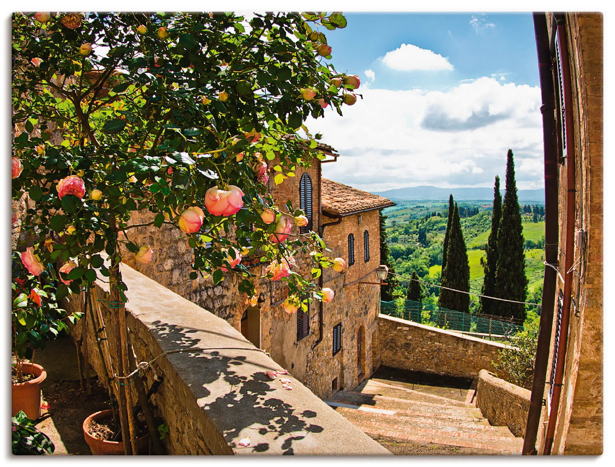 Leinwandbild Rosen auf Balkon Toskana