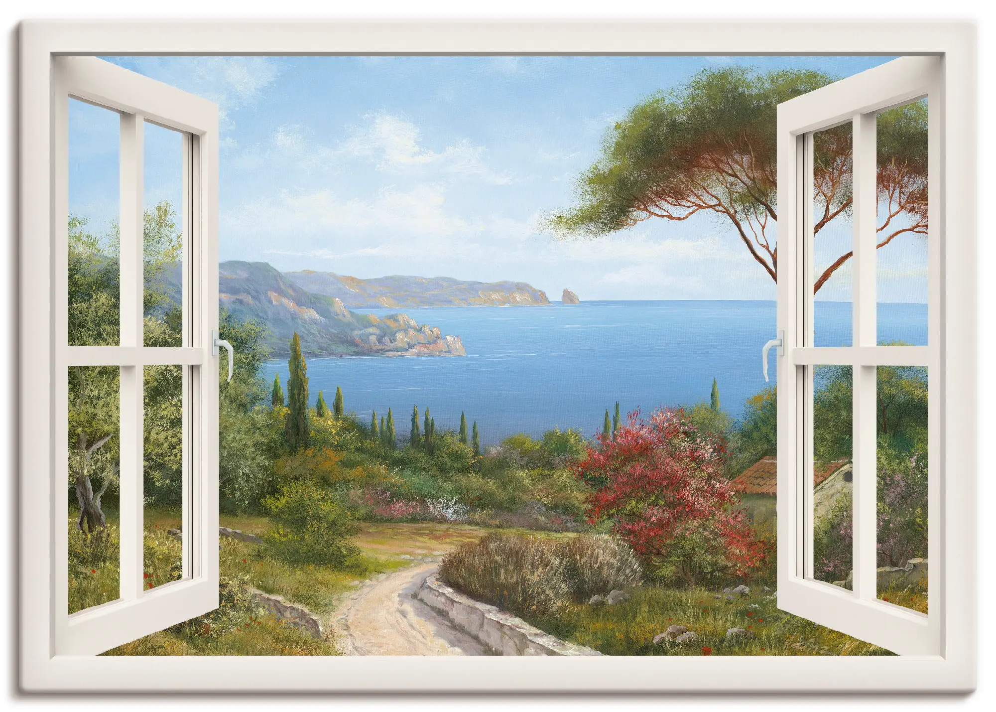 Leinwandbild Fensterblick Haus am Meer | Bilder