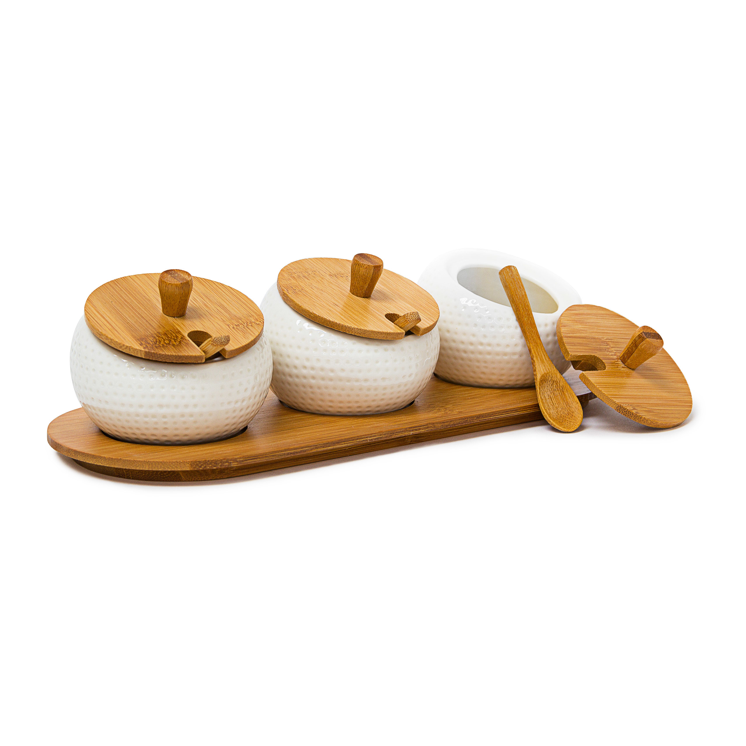 Set De 3 Pots à Épices En Céramique Avec Cuillère Et Plateau Bambou - 170ml Pour Cuisine Rangeement