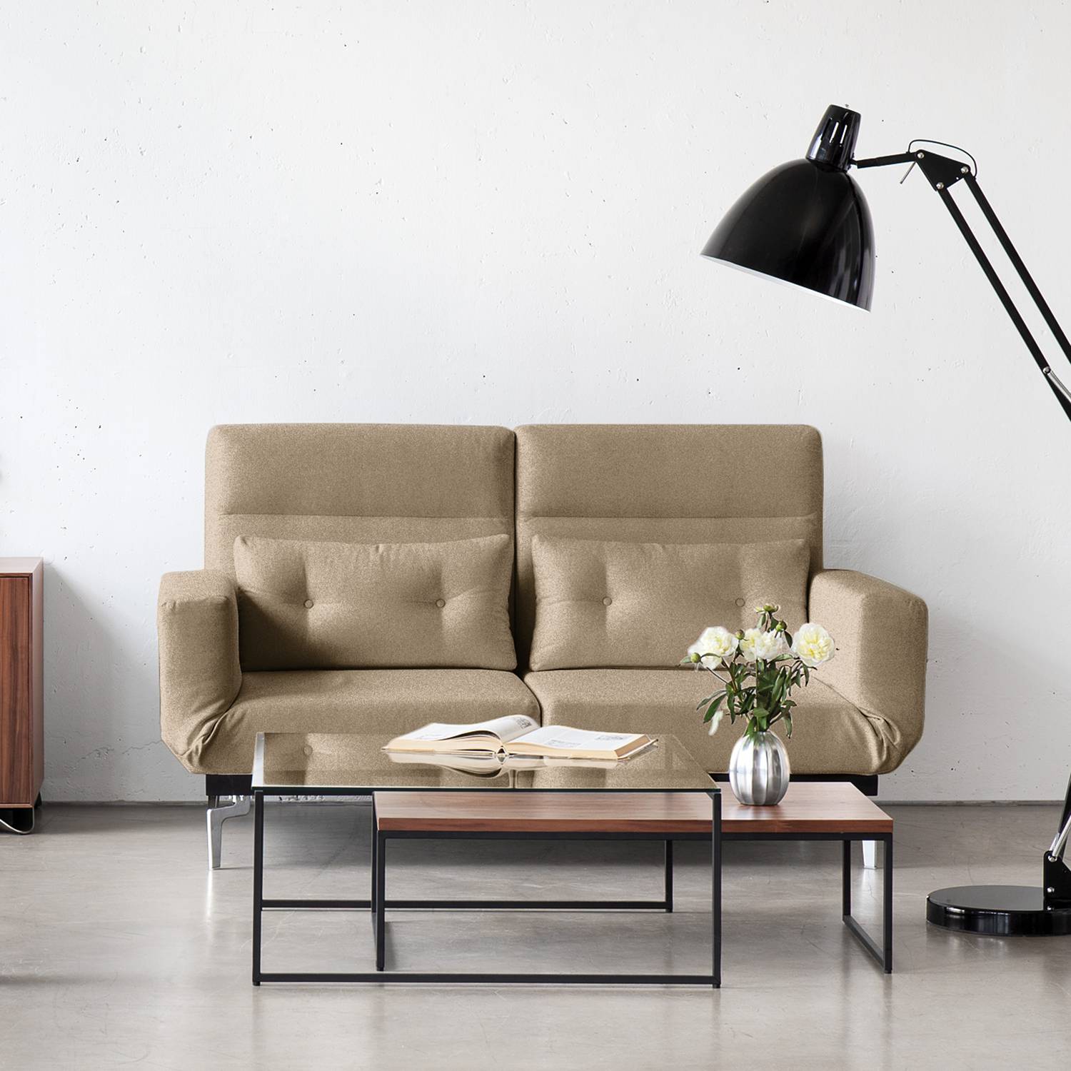 home24 Fredriks Schlafsofa Robertson Beige Webstoff 180x102x97 cm mit Schlaffunktion