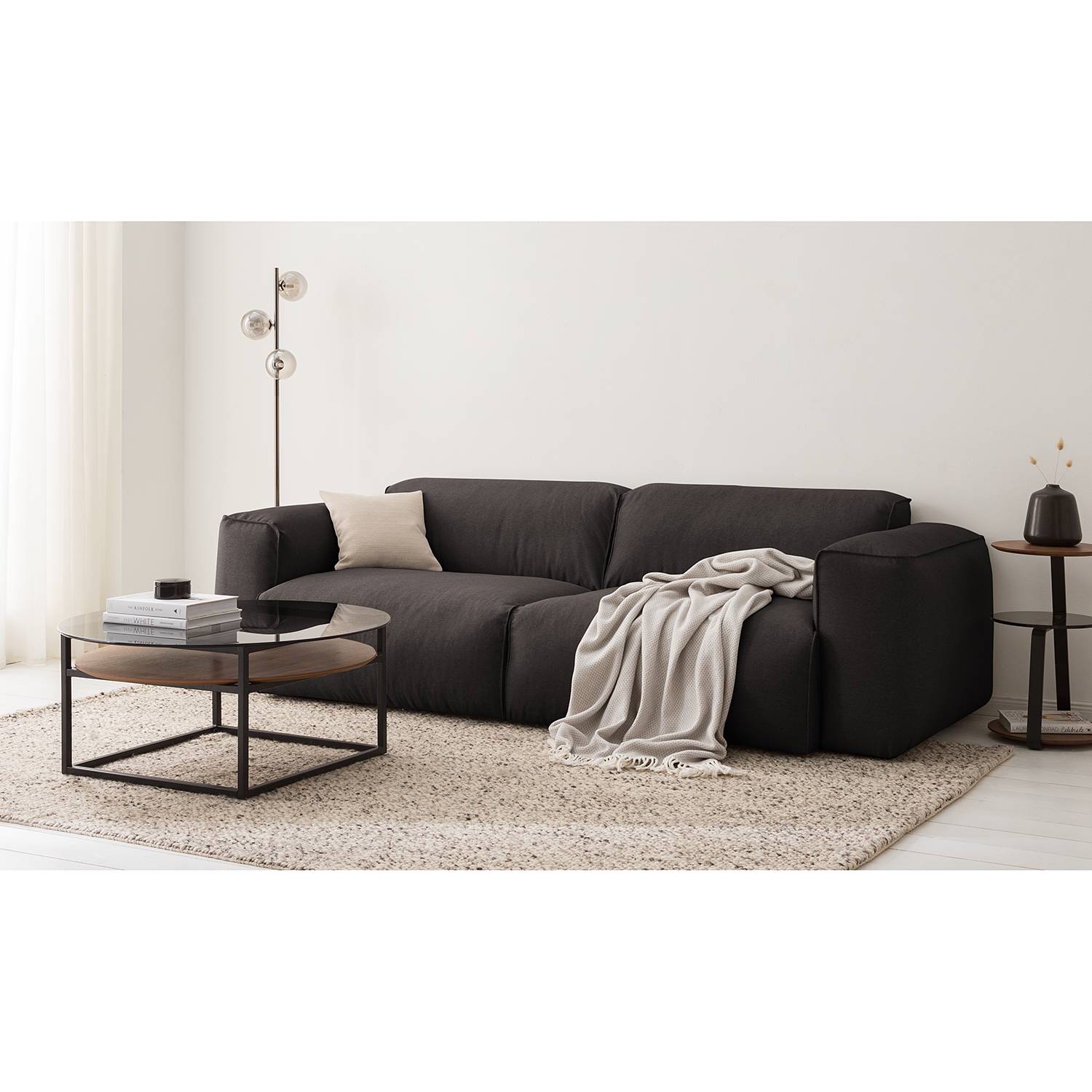 home24 Studio Copenhagen Sofa Hudson II 3-Sitzer Anthrazit Webstoff 259x71x102 cm (BxHxT) Skandi