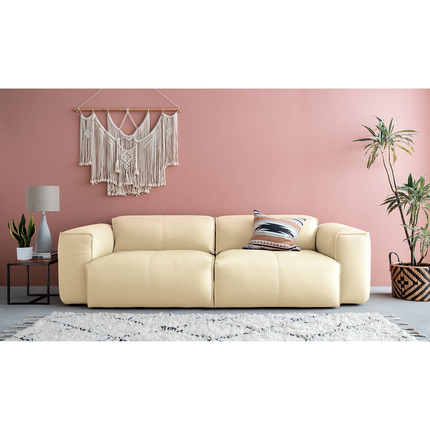 home24 Studio Copenhagen Sofa Hudson II 3-Sitzer Creme Echtleder 261x71x102 cm (BxHxT) Skandi