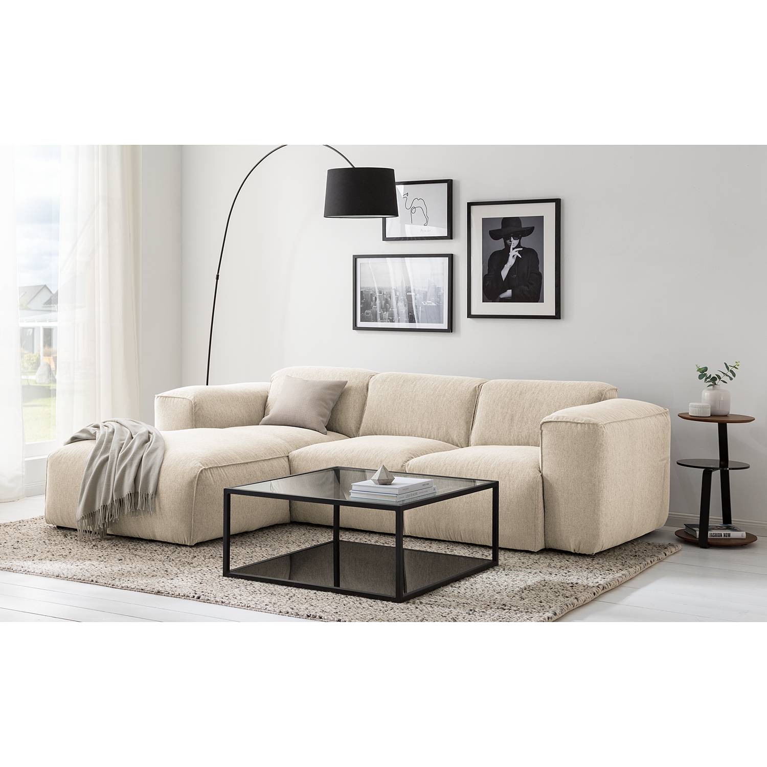 home24 Studio Copenhagen Ecksofa Hudson III Beige Webstoff 263x71x173 cm (BxHxT) Skandi