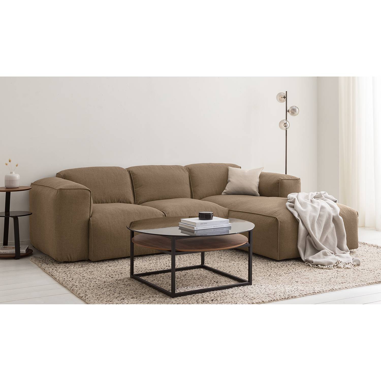 home24 Studio Copenhagen Ecksofa Hudson III Grau/Braun Webstoff 263x71x173 cm (BxHxT) Skandi