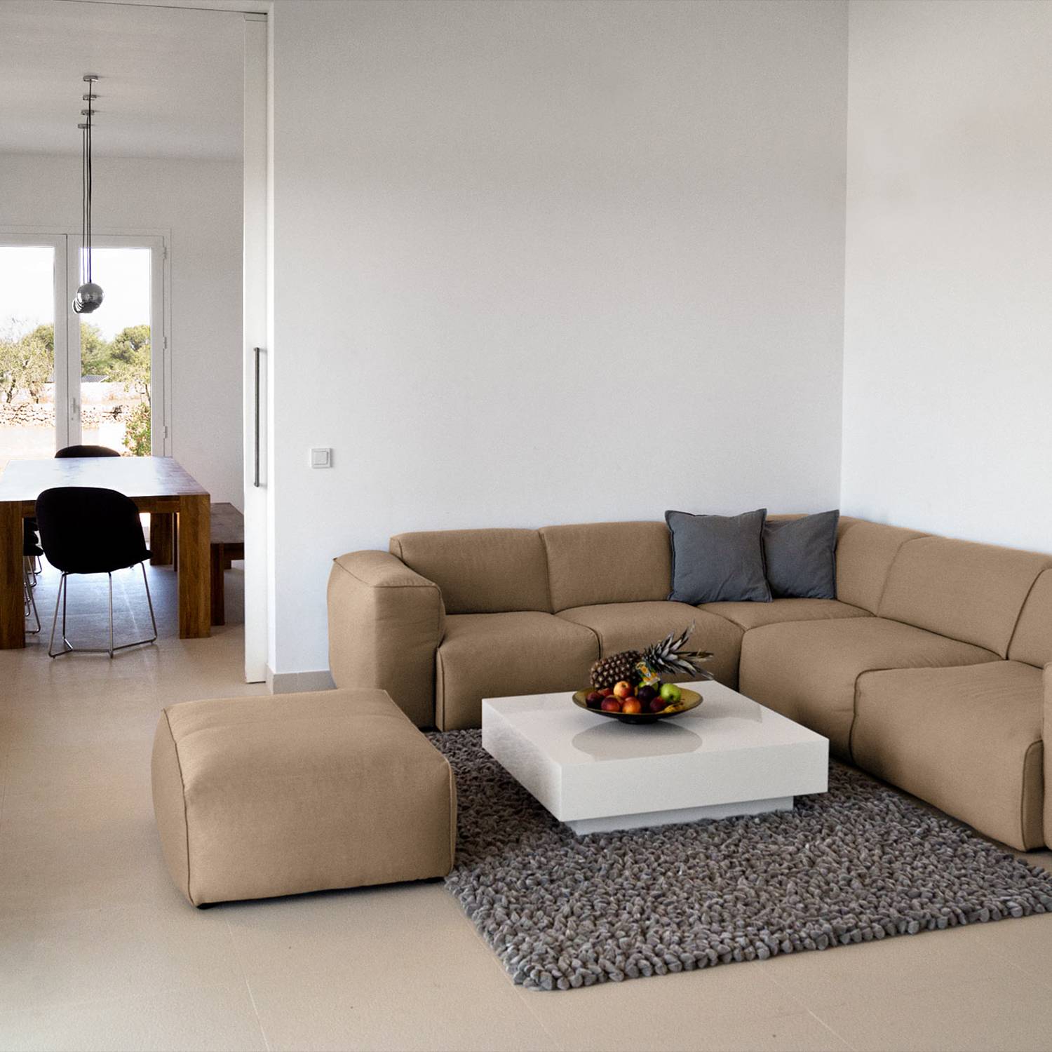 home24 Studio Copenhagen Polsterhocker Hudson Grau/Braun Webstoff 103x38x80 cm (BxHxT) Skandi