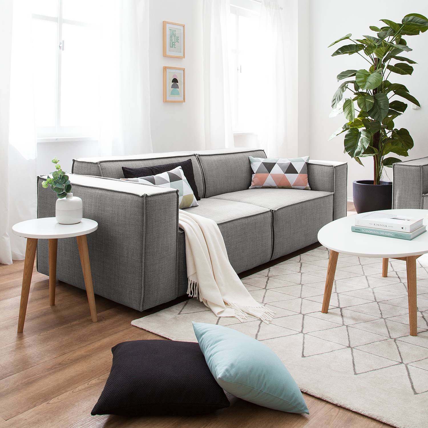 home24 Sofa Kinx 2,5-Sitzer Hellgrau Webstoff 223x72x96 cm (BxHxT) Modern