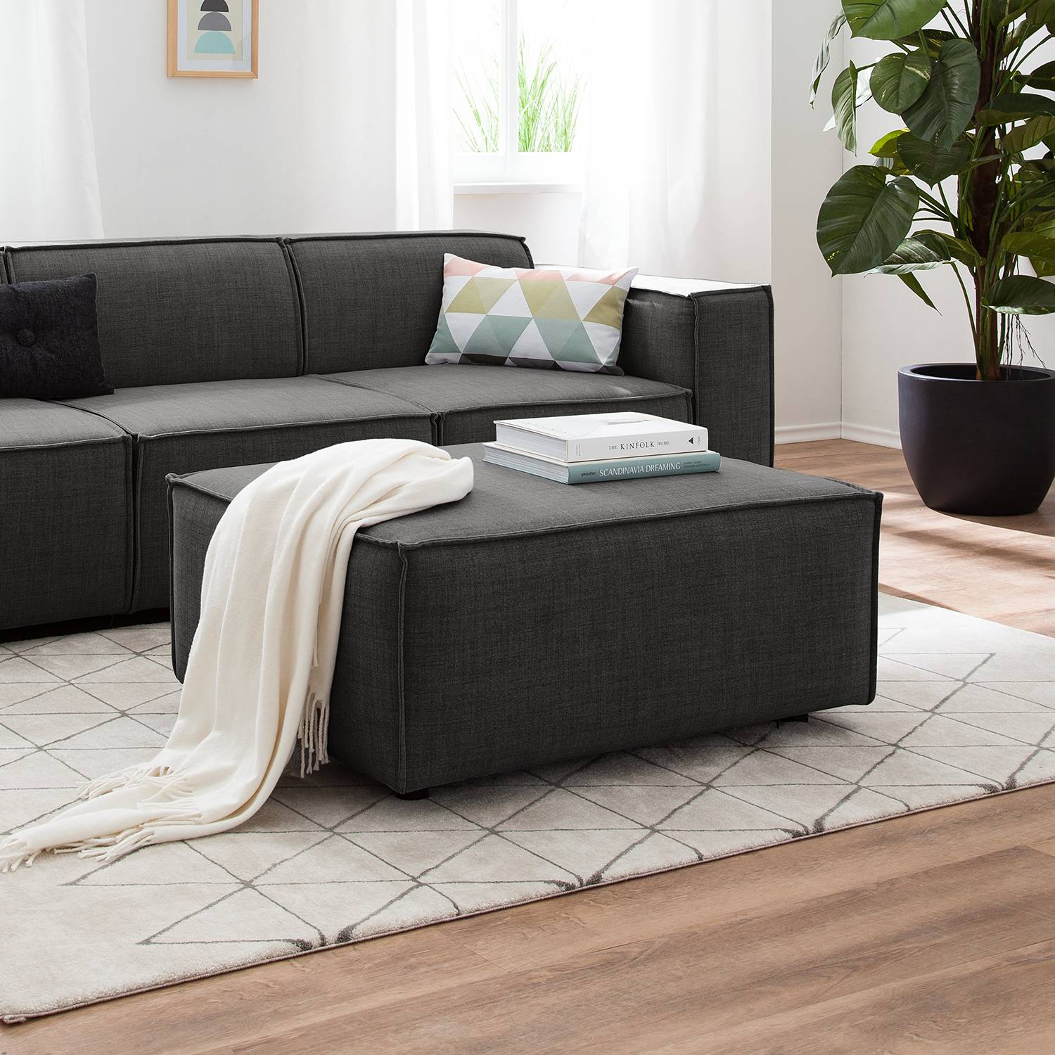 home24 Polsterhocker Kinx Anthrazit Webstoff 98x42x79 cm (BxHxT) Modern