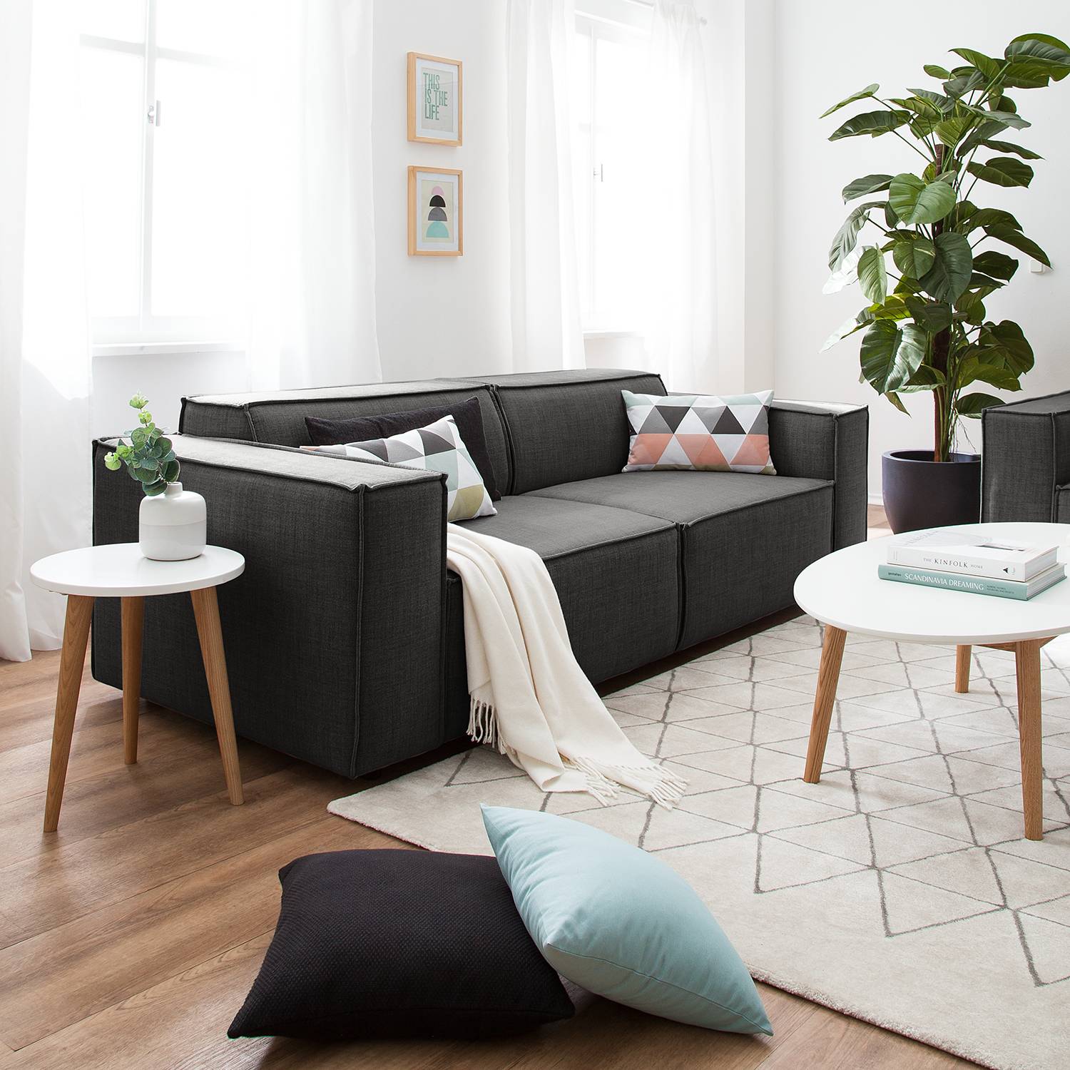 home24 Sofa Kinx 2,5-Sitzer Anthrazit Webstoff 223x72x96 cm (BxHxT) Modern