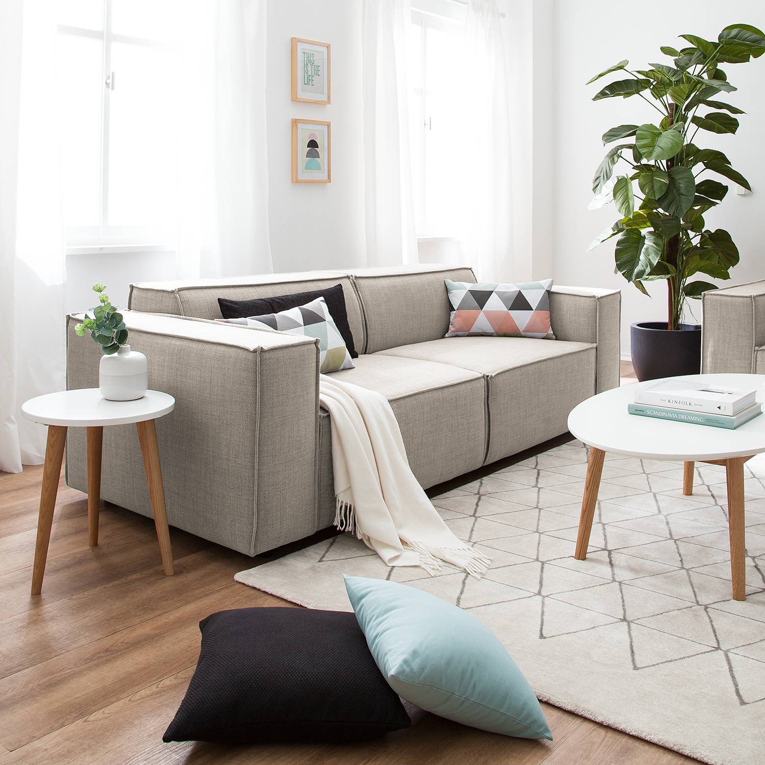 home24 Sofa Kinx 2,5-Sitzer Beige Webstoff 223x72x96 cm (BxHxT) Modern