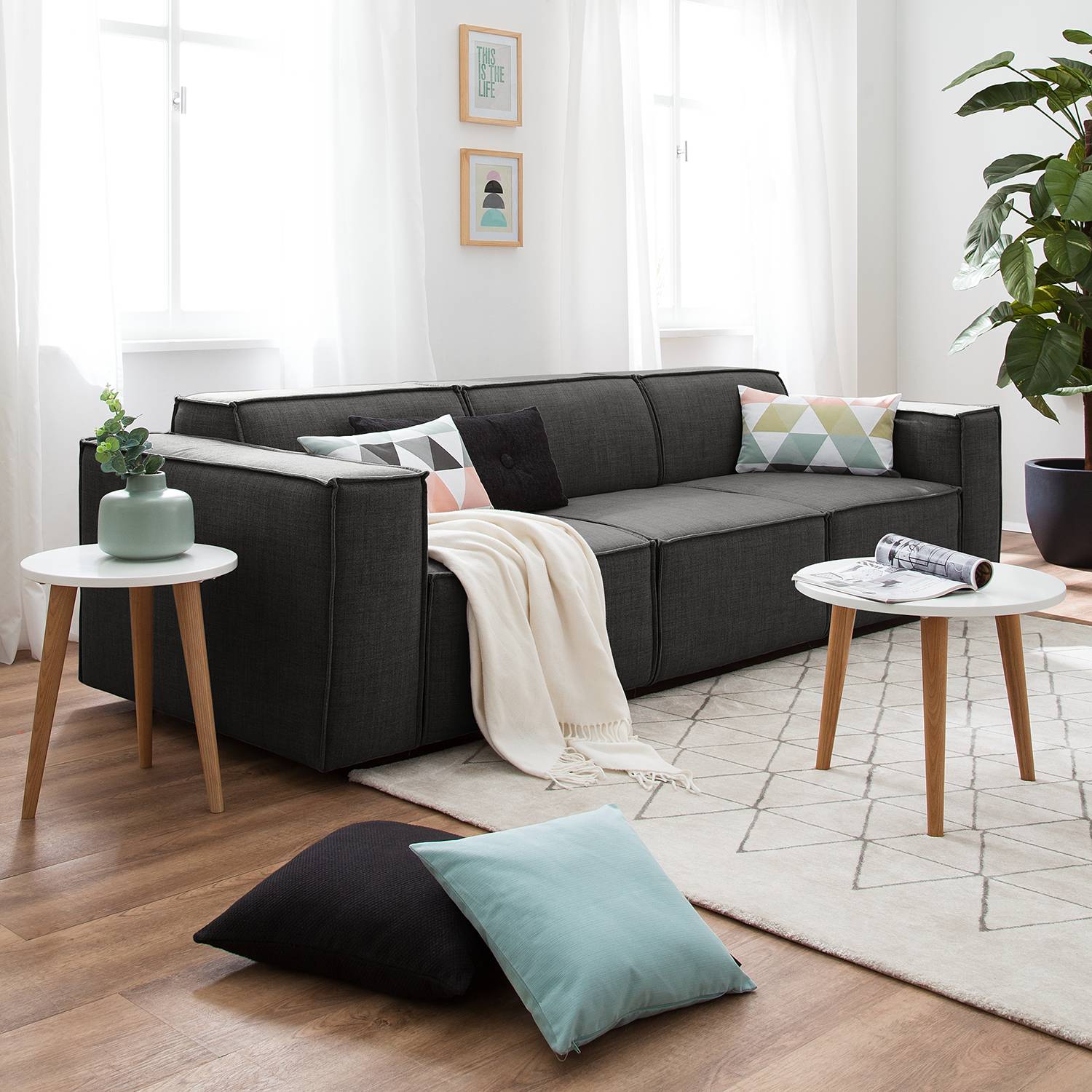 home24 Sofa Kinx 3-Sitzer Anthrazit Webstoff 260x72x96 cm (BxHxT) Modern