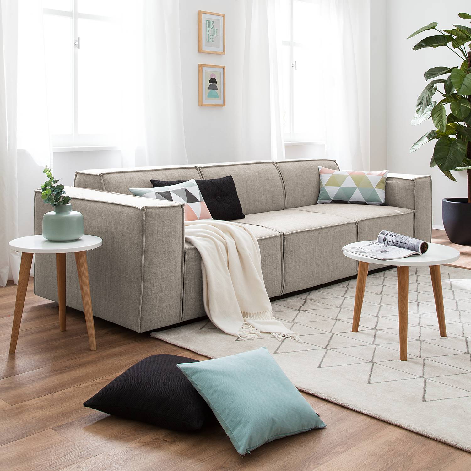 home24 Sofa Kinx 3-Sitzer Beige Webstoff 260x72x96 cm (BxHxT) Modern