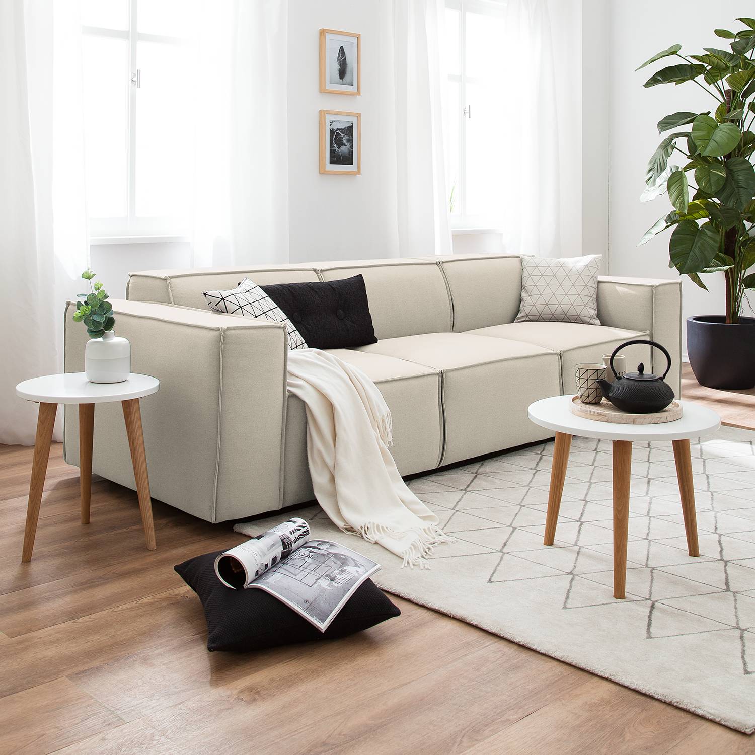 home24 Sofa Kinx 3-Sitzer Altweiß Strukturstoff 260x72x96 cm (BxHxT) Modern
