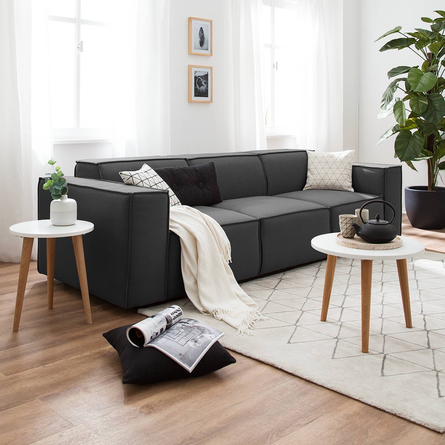 home24 Sofa Kinx 3-Sitzer Anthrazit Strukturstoff 260x72x96 cm (BxHxT) Modern