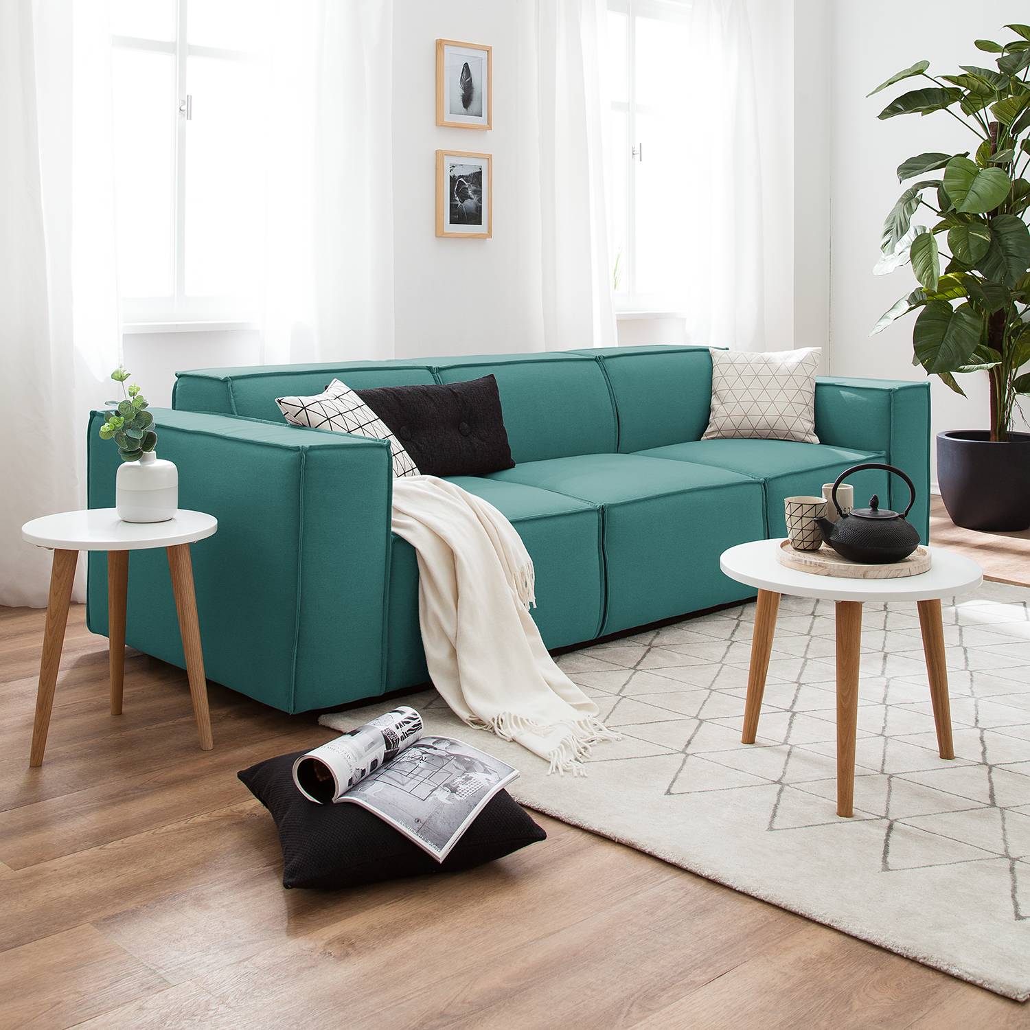 home24 Sofa Kinx 3-Sitzer Petrol Strukturstoff 260x72x96 cm (BxHxT) Modern