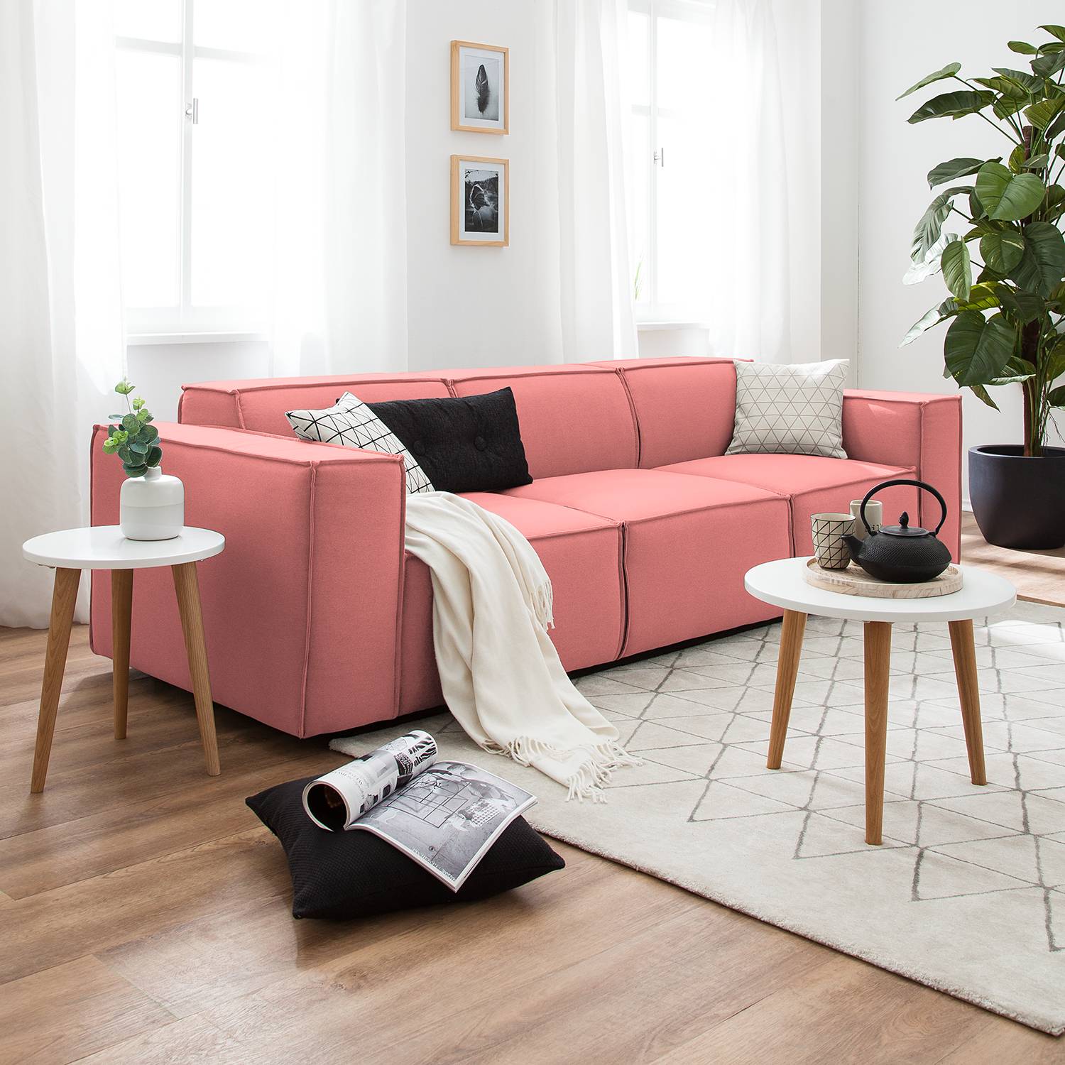 home24 Sofa Kinx 3-Sitzer Koralle Strukturstoff 260x72x96 cm (BxHxT) Modern