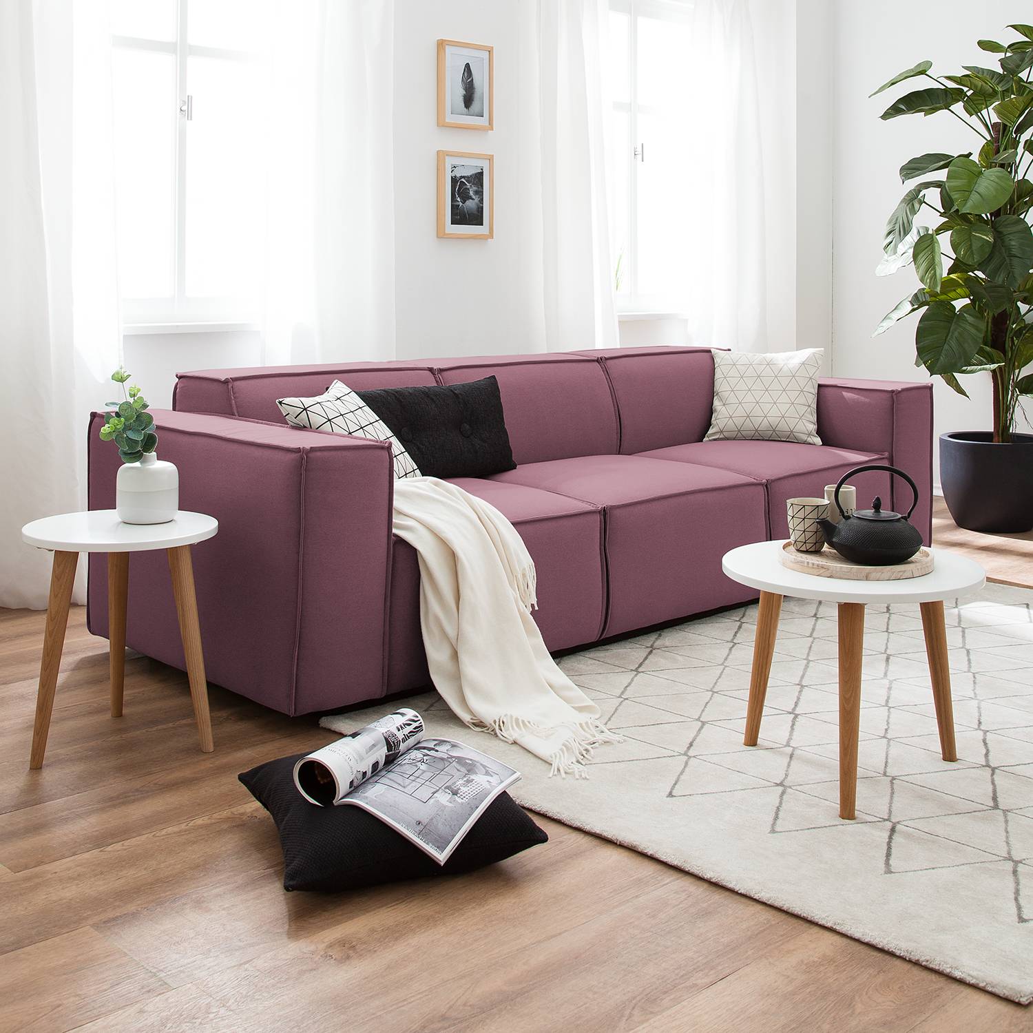 home24 Sofa Kinx 3-Sitzer Flieder Strukturstoff 260x72x96 cm (BxHxT) Modern