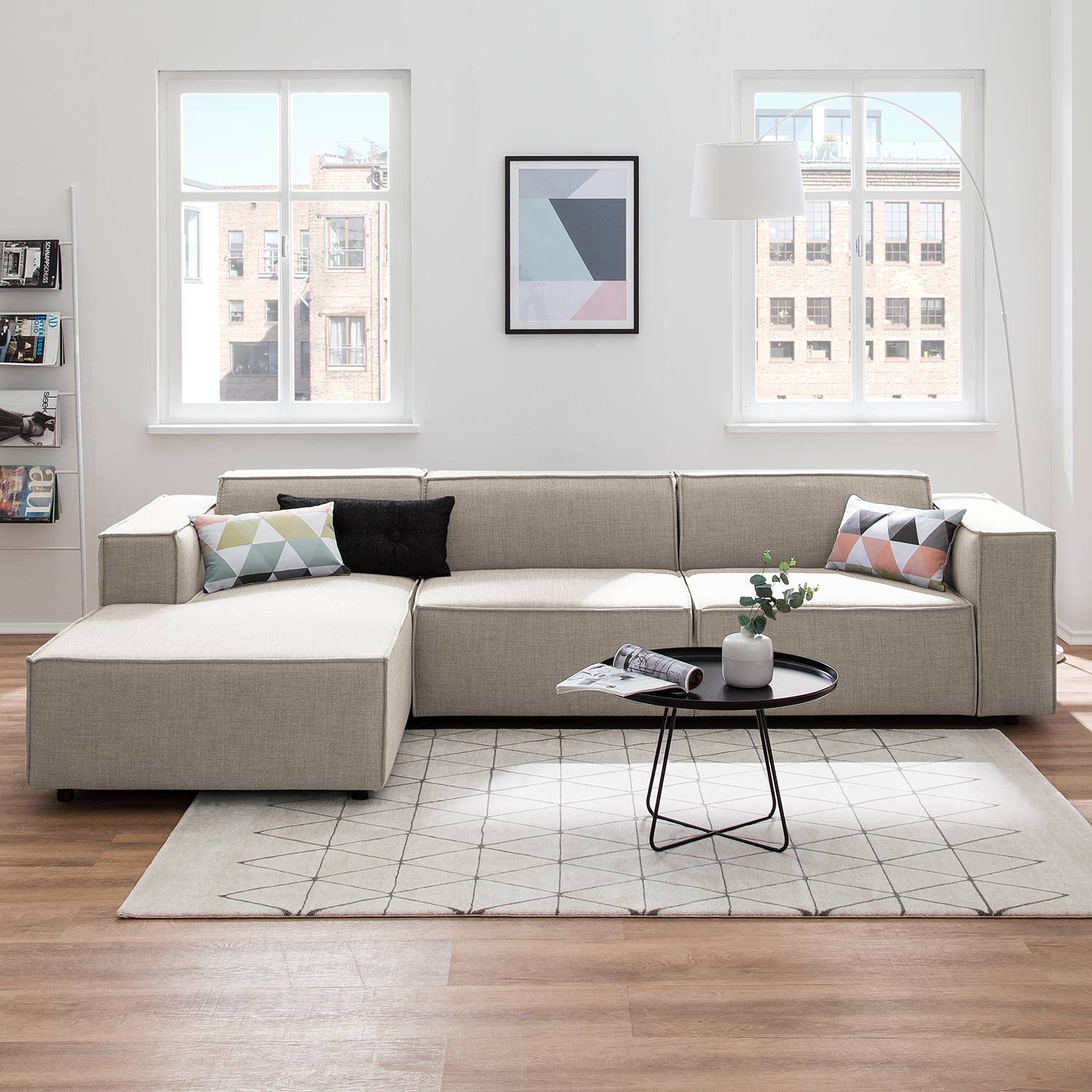 home24 Ecksofa Kinx II Beige Webstoff 294x72x177 cm (BxHxT) Modern