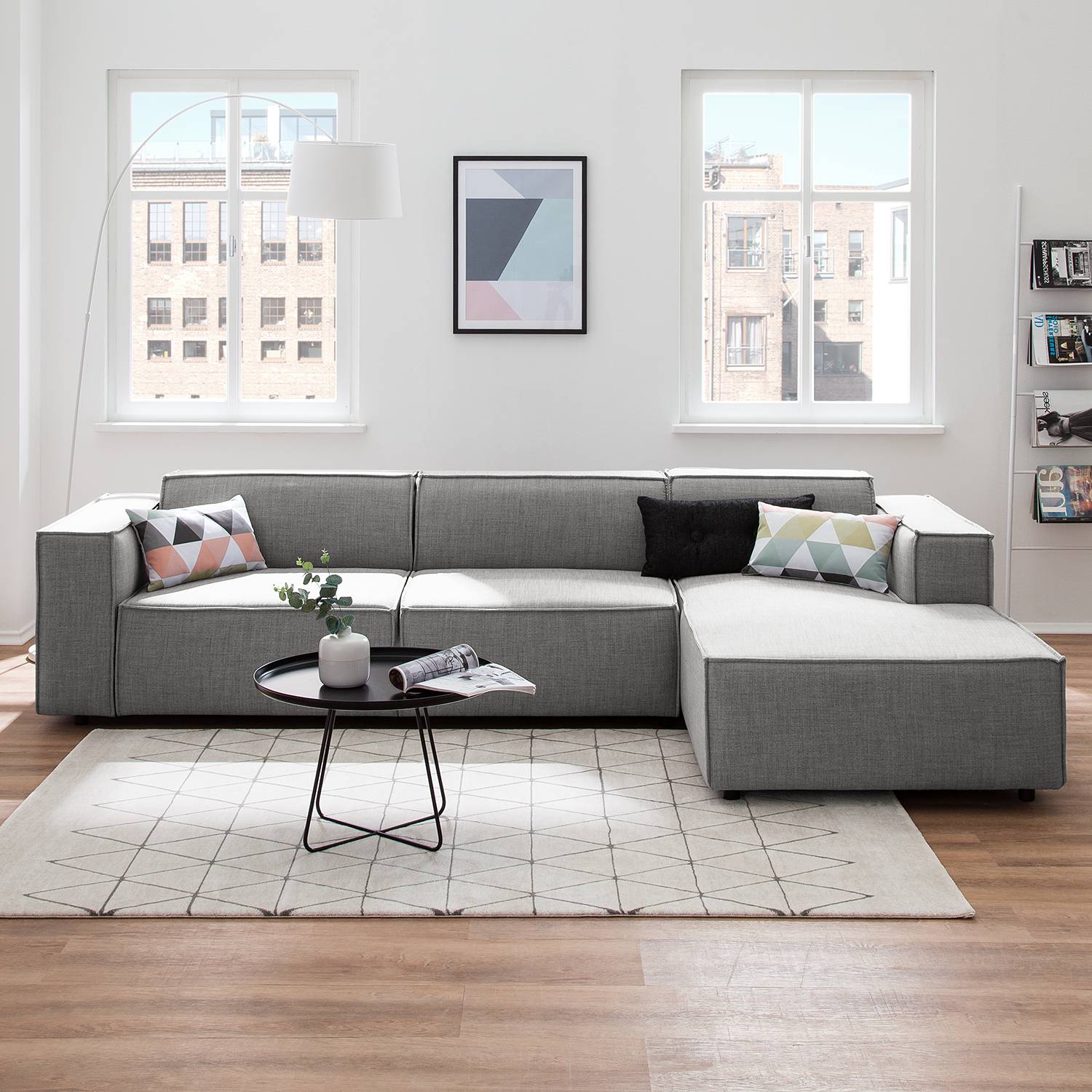home24 Ecksofa Kinx II Hellgrau Webstoff 294x72x177 cm (BxHxT) Modern