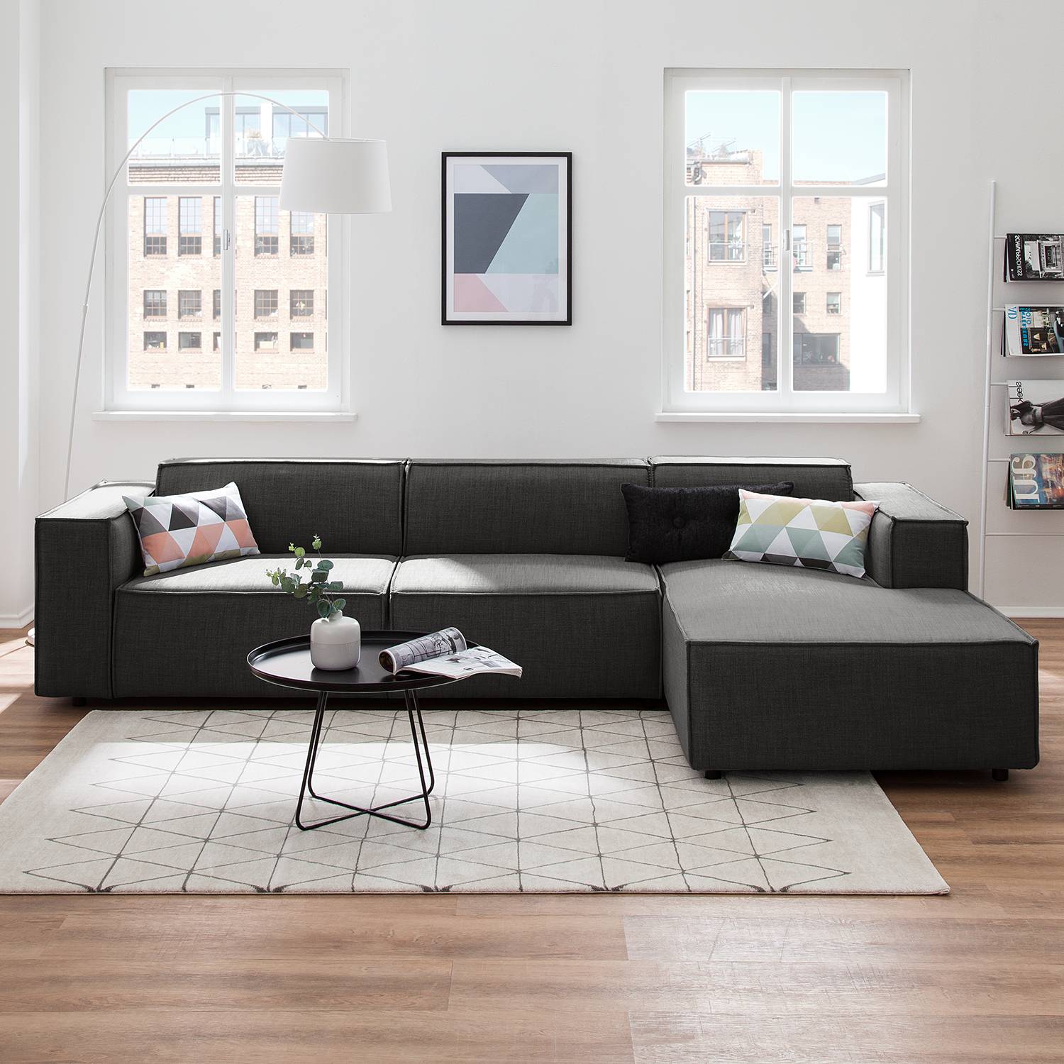 home24 Ecksofa Kinx II Anthrazit Webstoff 294x72x177 cm (BxHxT) Modern