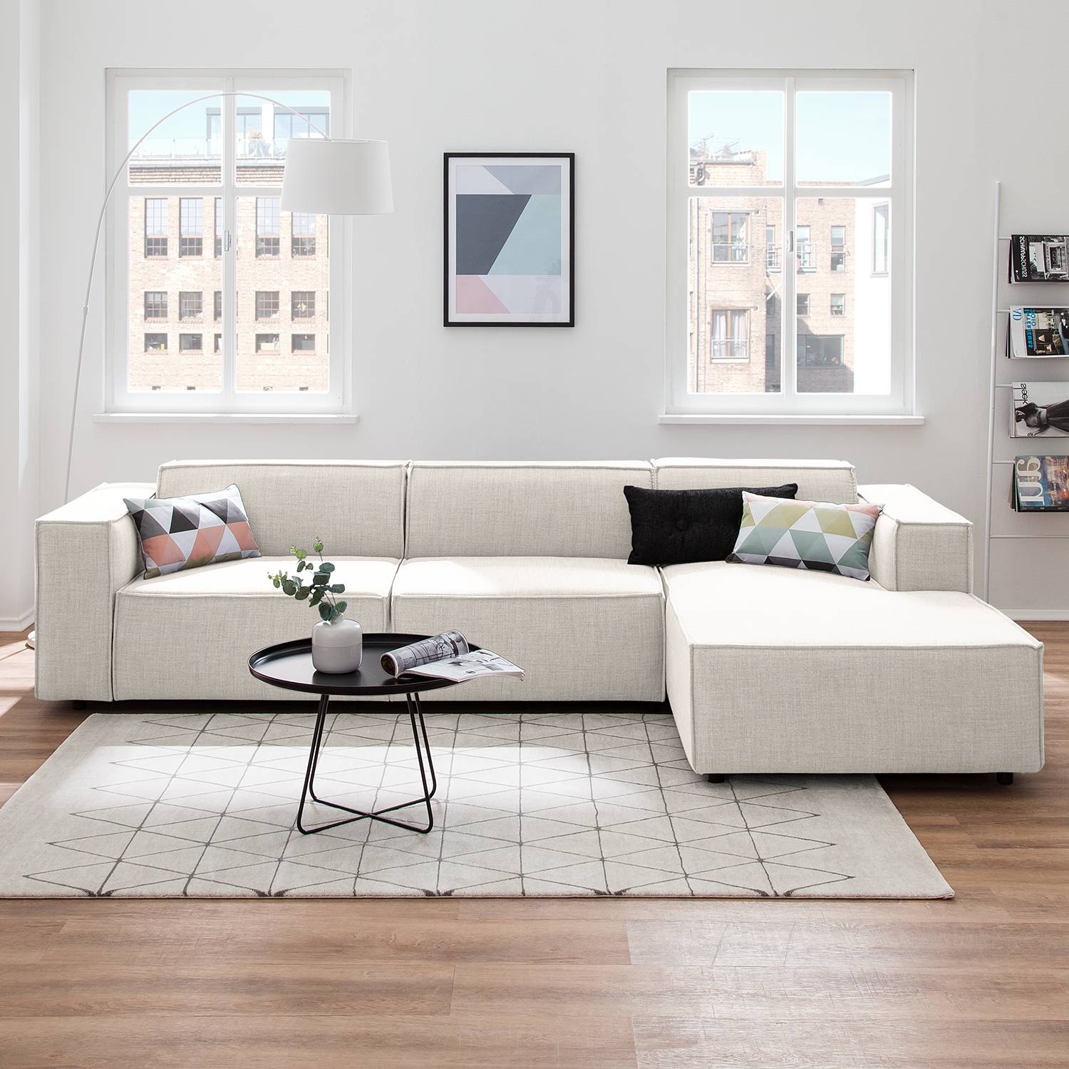 home24 Ecksofa Kinx II Altweiß Webstoff 294x72x177 cm (BxHxT) Modern