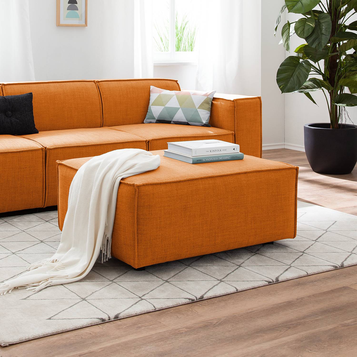 home24 Polsterhocker Kinx Rostbraun Webstoff 98x42x79 cm (BxHxT) Modern